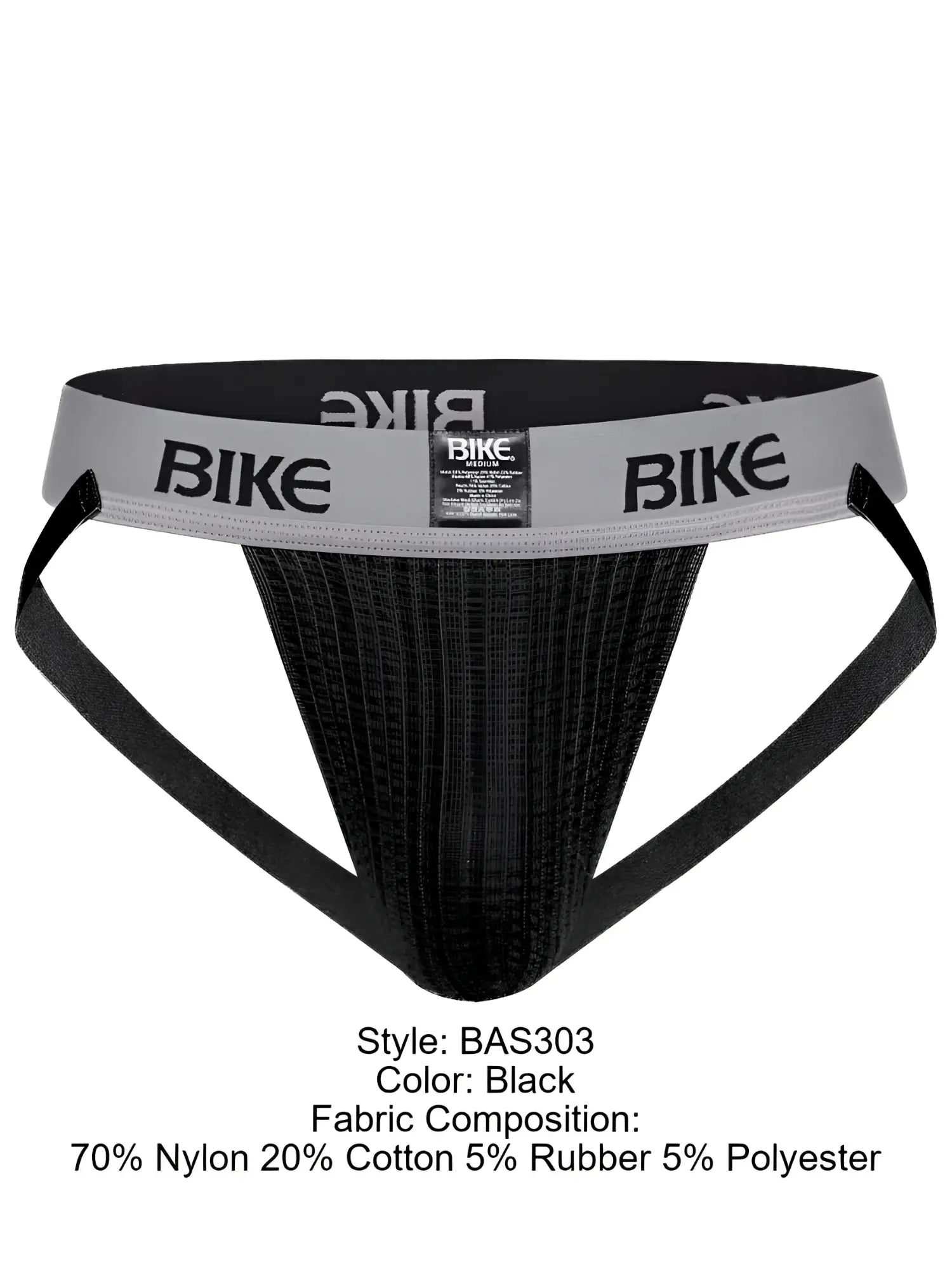 Black bike branded athletic briefs with ribbed texture and gray waistband in BIKE athletic BAS303 classic jockstrap
