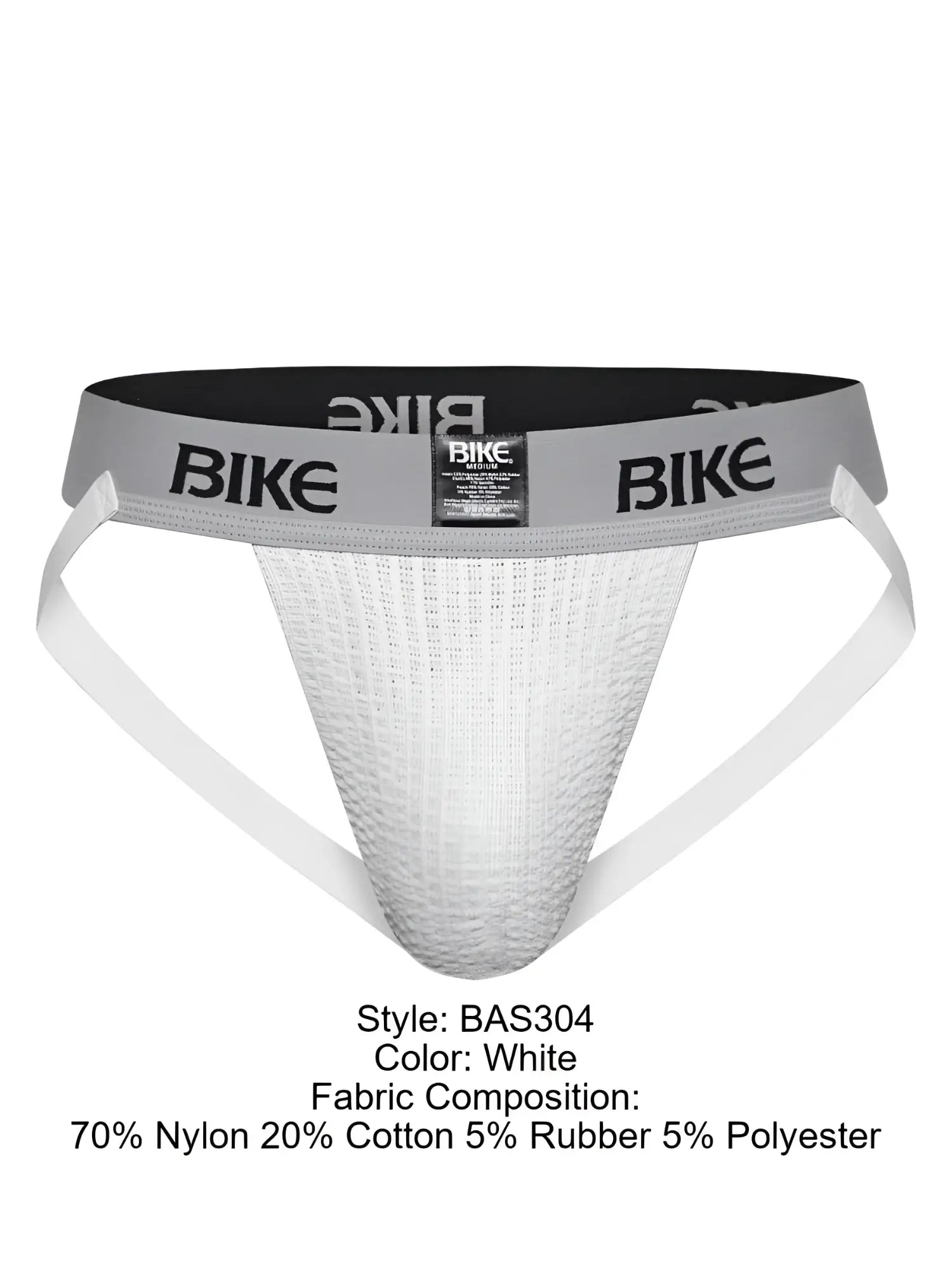 White bike athletic BAS304 classic jockstrap briefs with gray waistband logo made from nylon and cotton blend