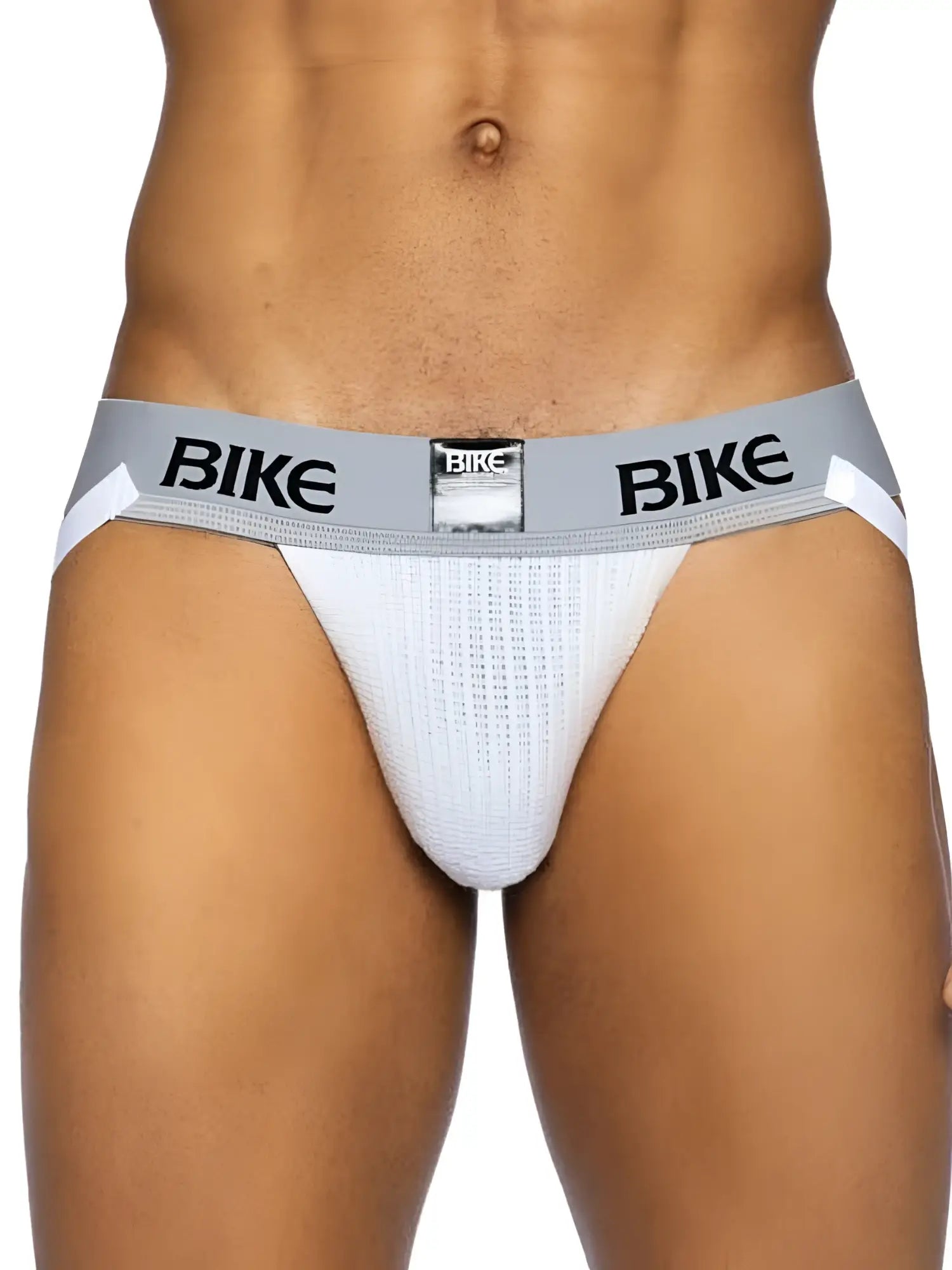 White mesh bike brief with gray waistband and black bike lettering from BIKE athletic BAS304 classic jockstrap line