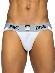 White mesh bike brief with gray waistband and black bike lettering from BIKE athletic BAS304 classic jockstrap line