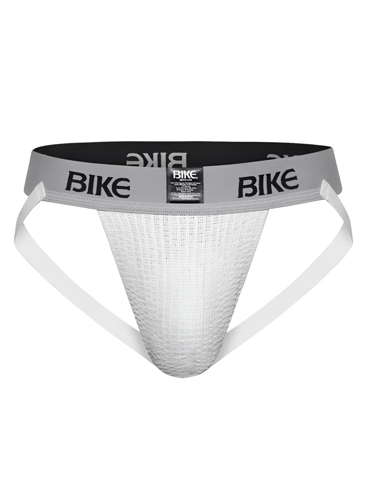 White textured bike athletic brief with gray waistband featuring black bike branding from BIKE Athletic
