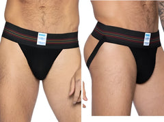 Black bike brand jockstrap with striped red white and yellow waistband from the bike athletic bas306 original number 10 line