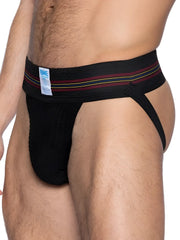 Black BIKE athletic BAS306 Original Number 10 jockstrap with striped maroon yellow and white waistband front view
