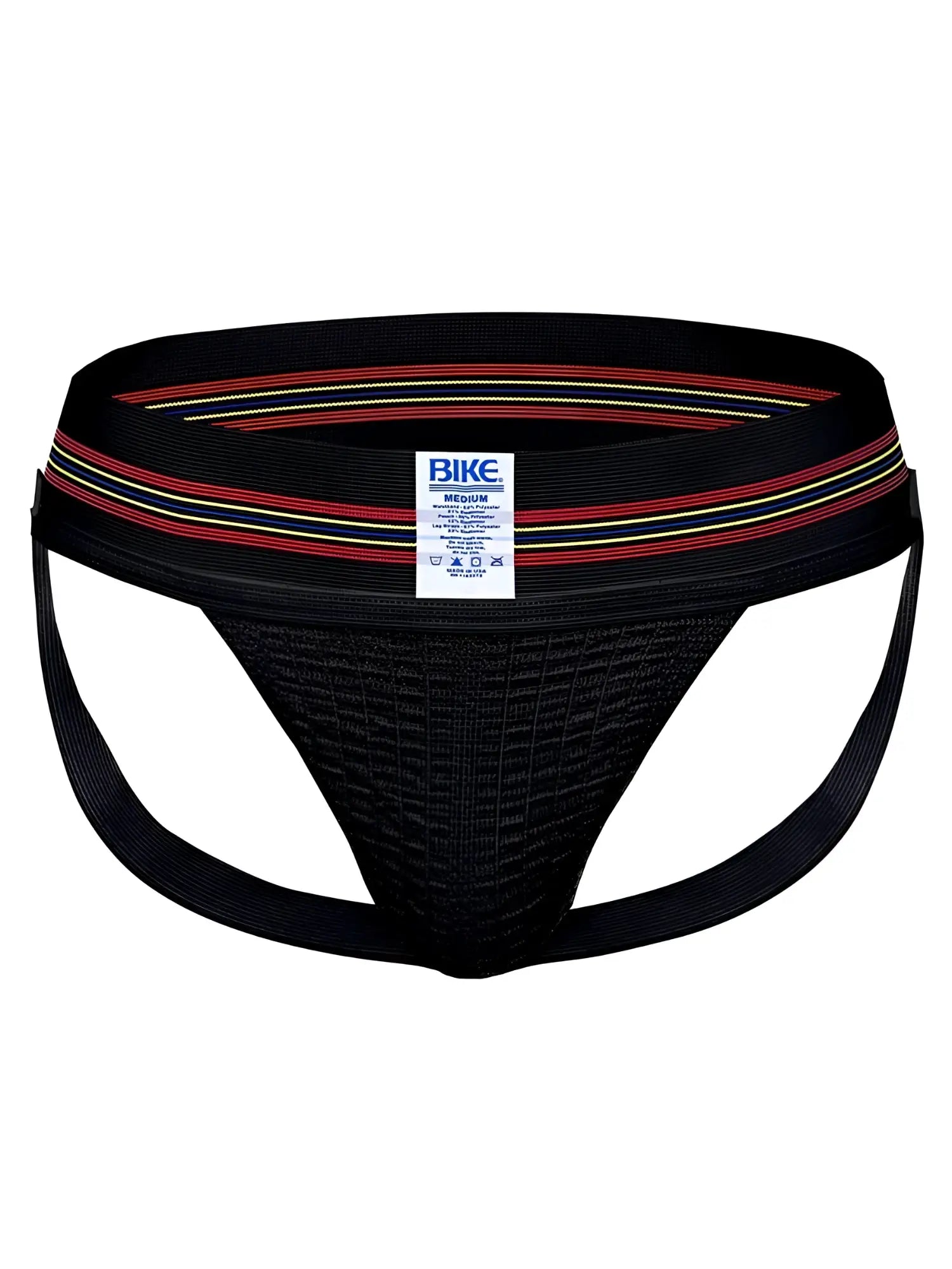 Black athletic briefs with textured mesh front and striped red white and yellow elastic waistband by BIKE