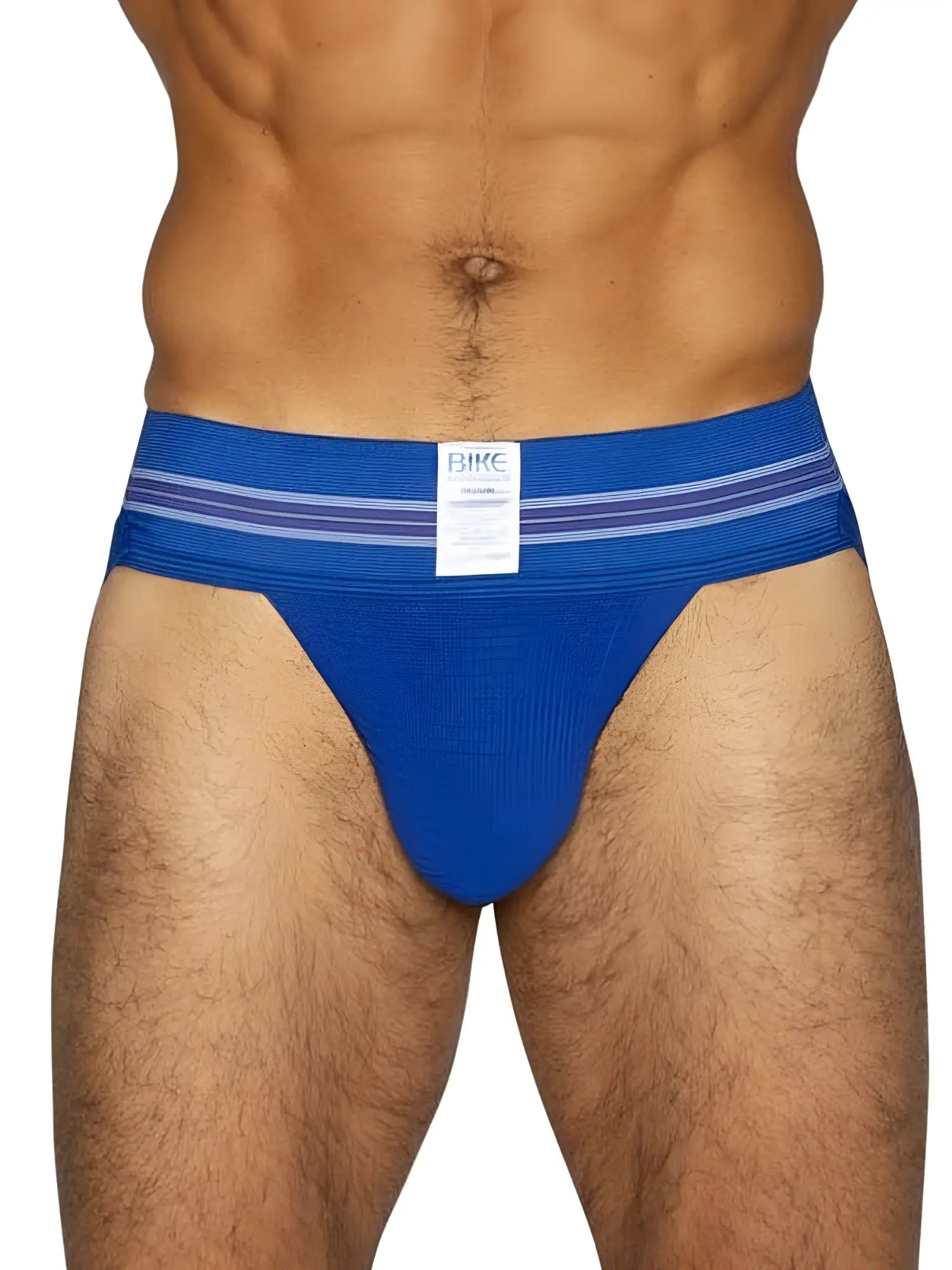 Blue bhc bike athletic bas306 original number 10 jockstrap with textured fabric and purple striped waistband in royal color