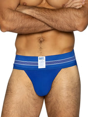 Blue bike brand jockstrap with royal color and striped waistband for athletic support and comfort
