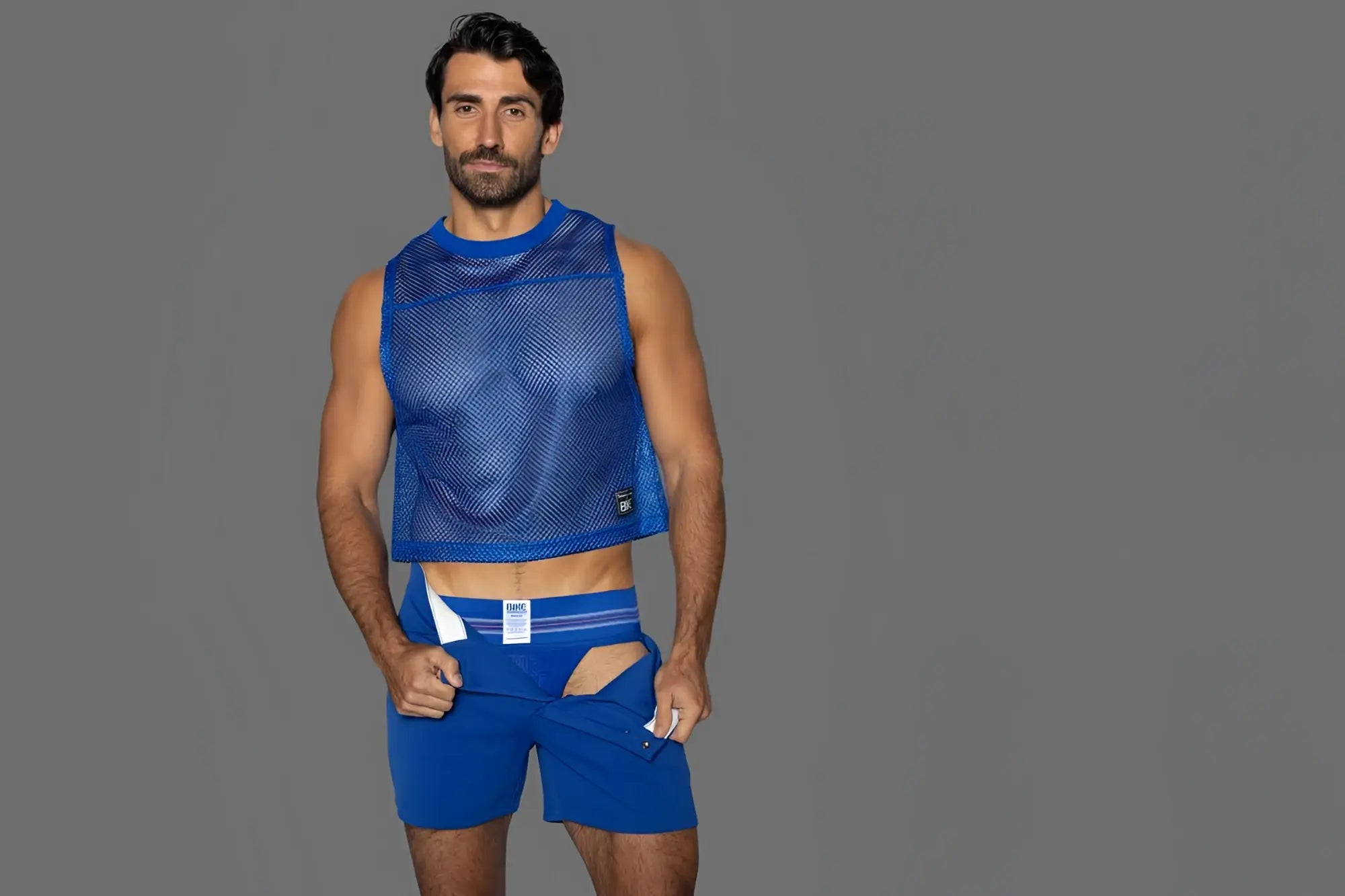 Blue mesh sleeveless athletic top with cropped hem and subtle branding in royal color from bike original number 10 collection