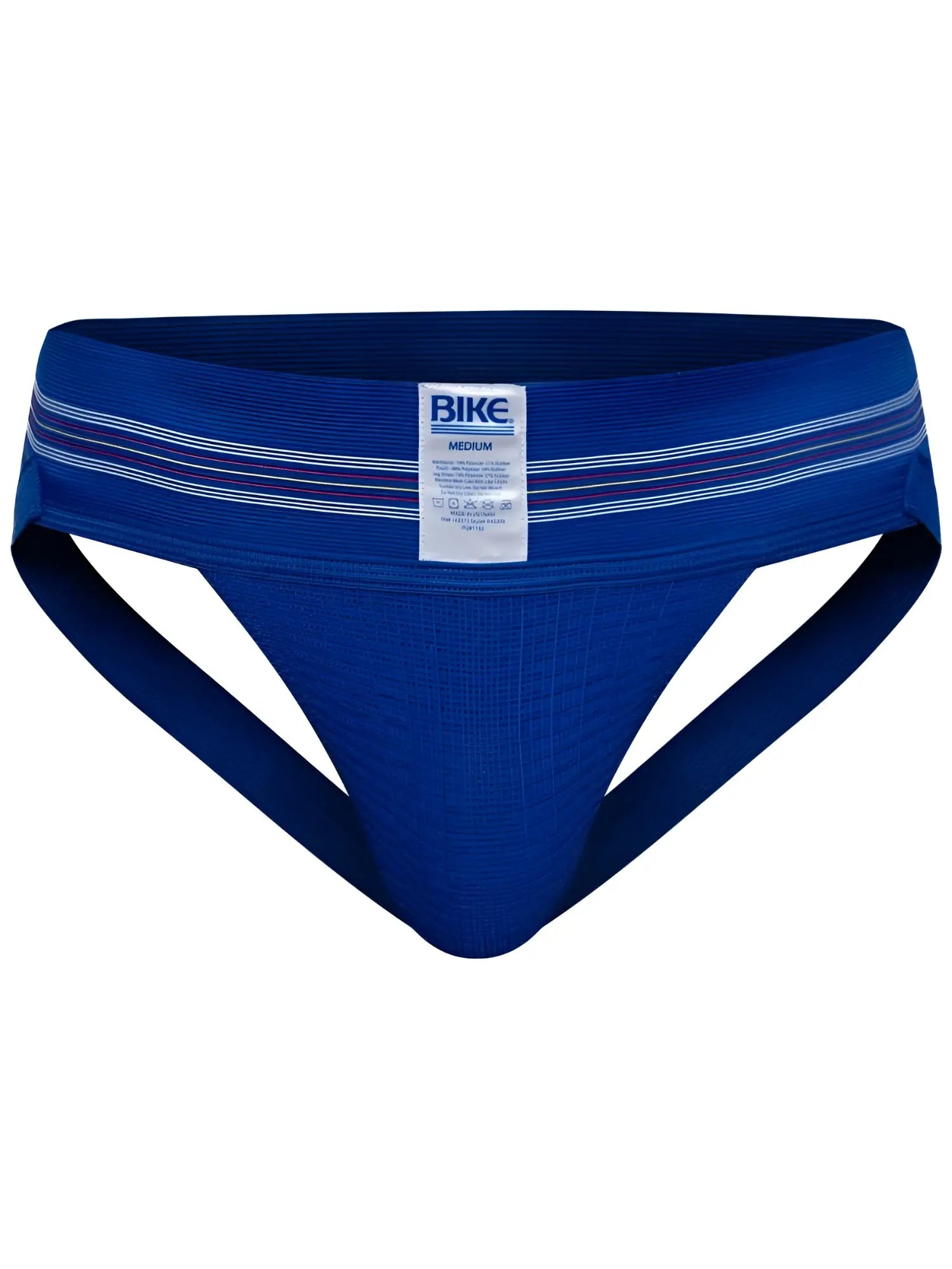 Blue ribbed athletic briefs with two white waistband stripes and Bike brand label in royal color model BAS306 number 10