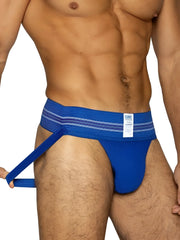 Blue athletic briefs with striped waistband and adjustable side strap for support in royal color bike athletic bas306