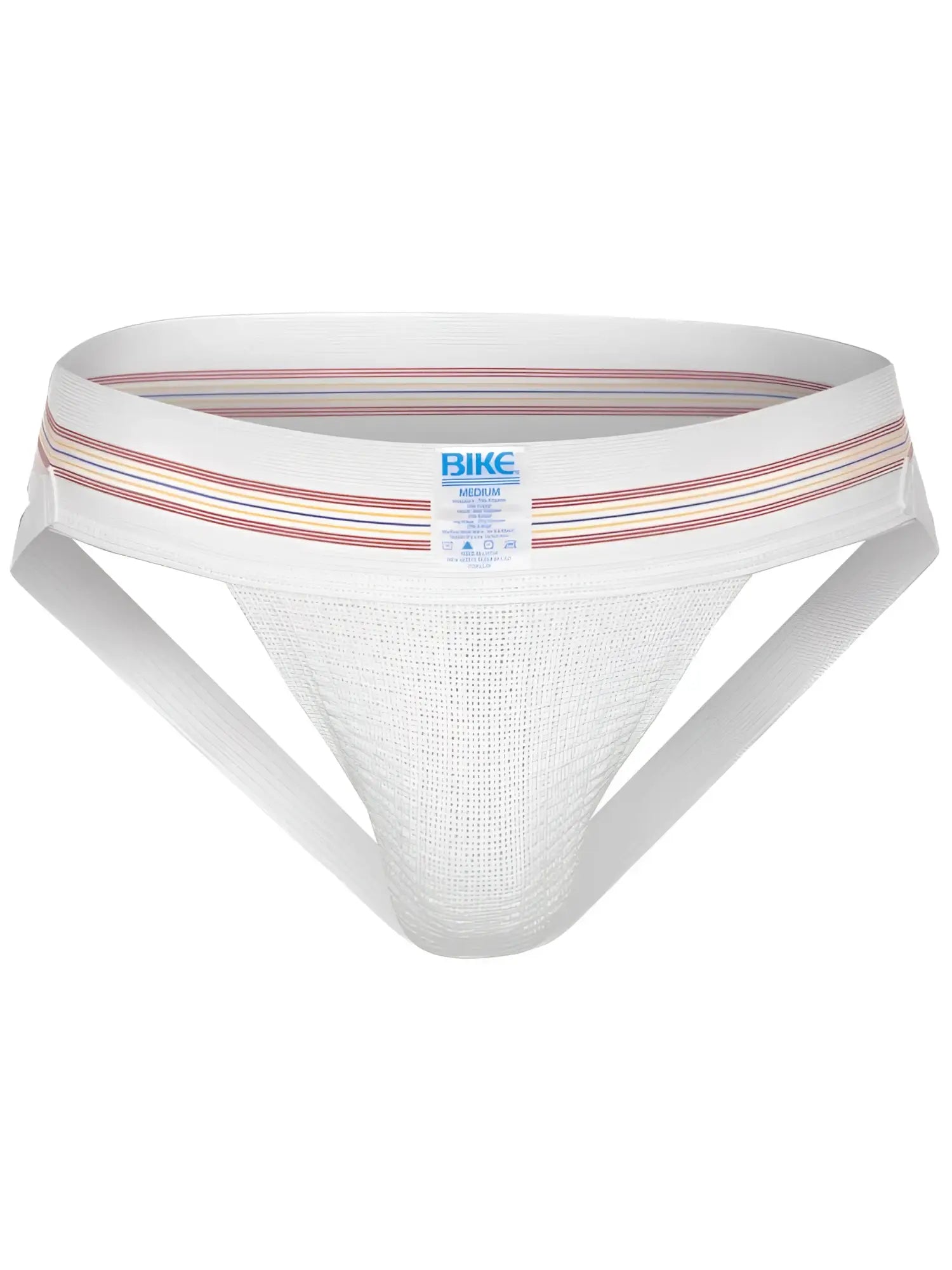 White mesh bike athletic supporter jockstrap with striped red blue beige waistband original number 10 design