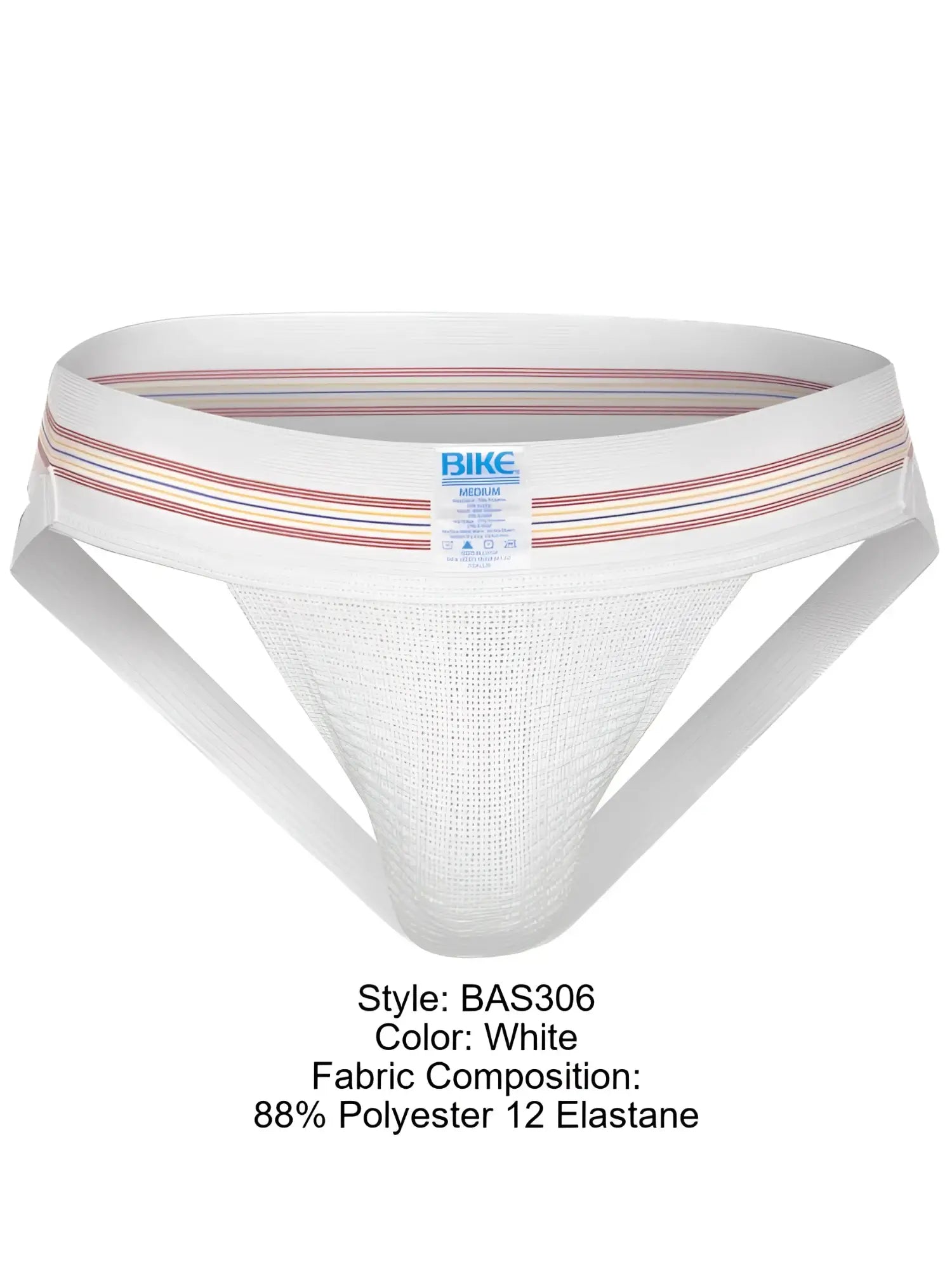 White bike athletic bas306 original number 10 jockstrap with striped waistband made of polyester and elastane
