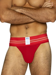 Red bikc brand bike athletic bas306 original number 10 jockstrap with white striped waistband in vibrant red
