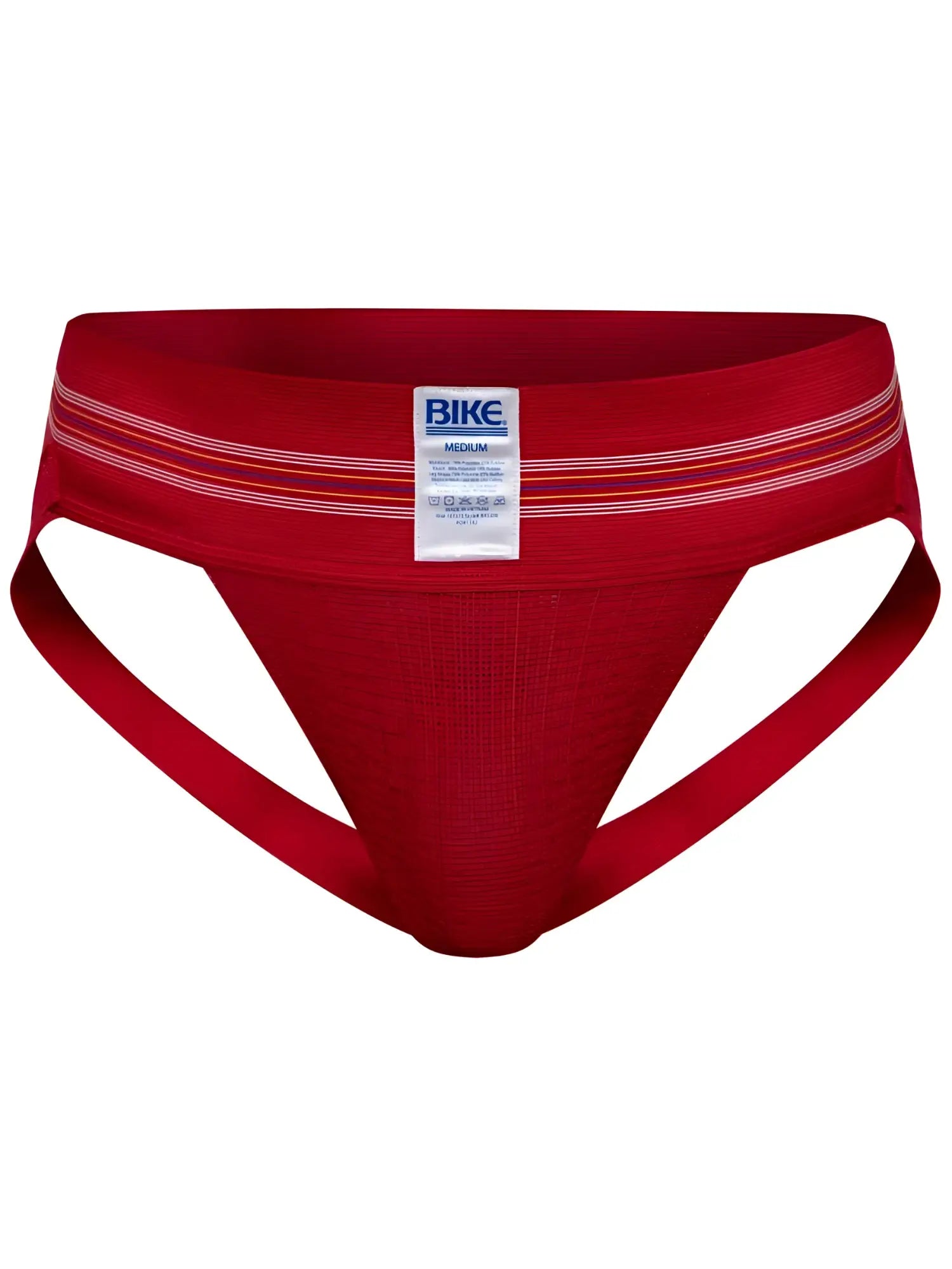 Red bike brand athletic briefs with white and orange striped waistband in vibrant red for sports use