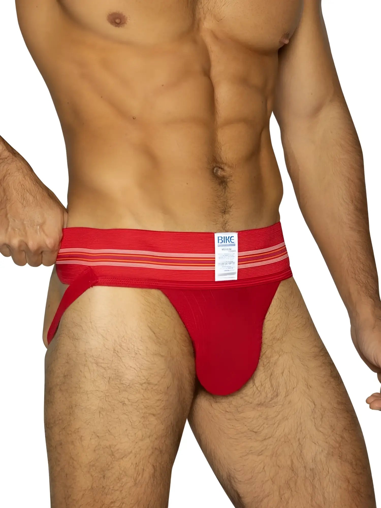 Red bike athletic briefs with striped waistband and white label featuring bike brand name in vibrant red color