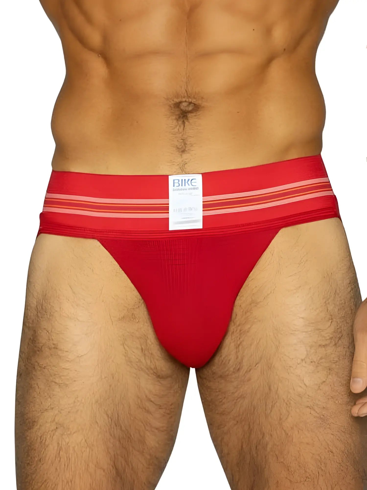 Red bike athletic briefs with striped waistband and white brand label for sporty comfort and support