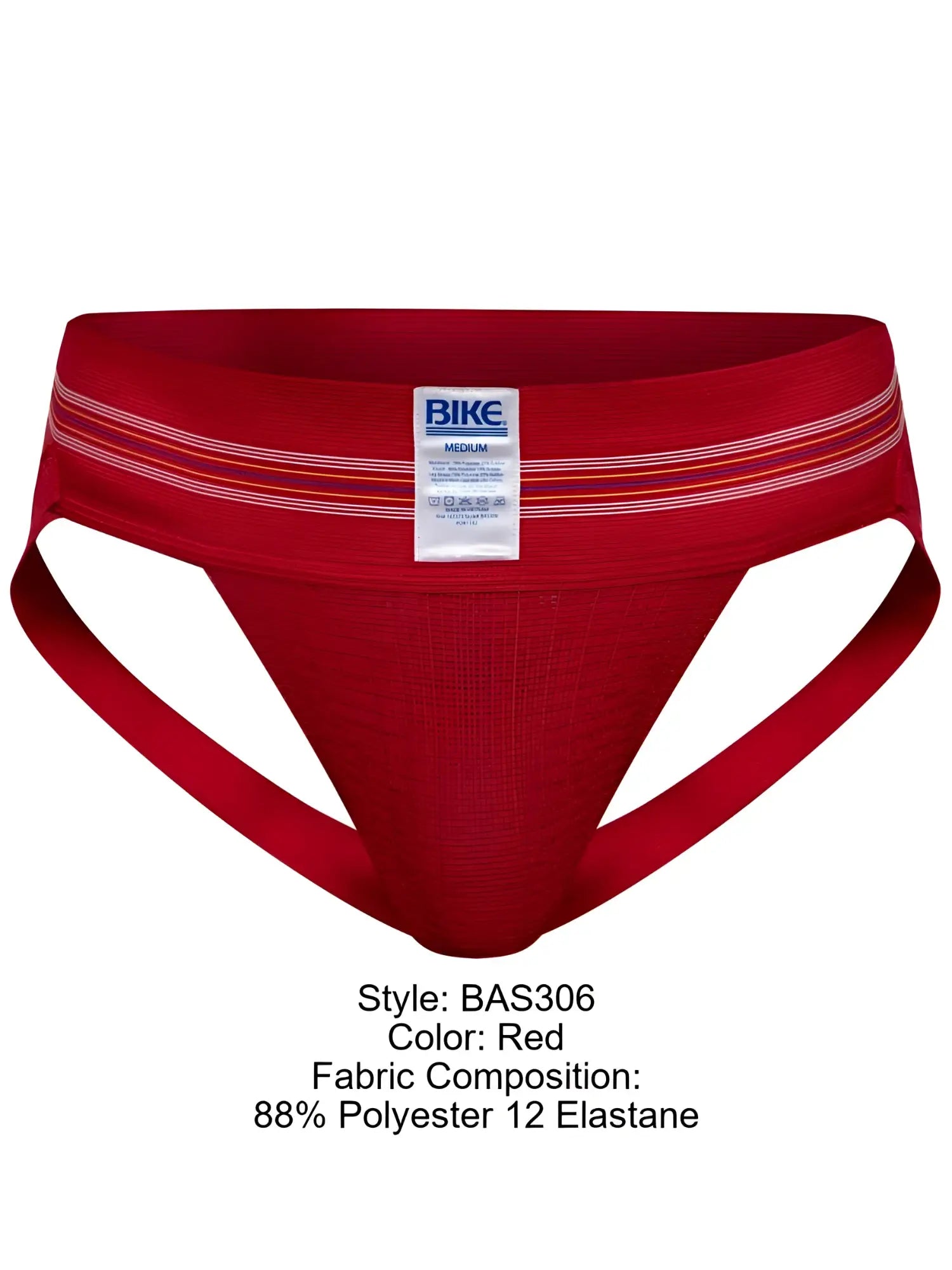 Red bike athletic briefs with white and orange striped trim and bike brand label on waistband for sports use