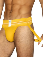 Bright yellow textured fabric bike brief with white bike label on waistband from BIKE Athletic BAS306 jockstrap series