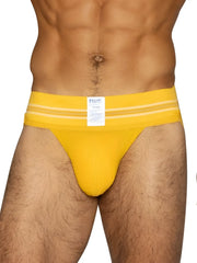 Bright yellow bike athletic briefs with white stripes and a branded label designed for sports use