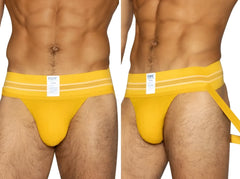 Bright yellow BIKE Athletic BAS306 original number 10 jockstrap with white stripes and branded tag in front view