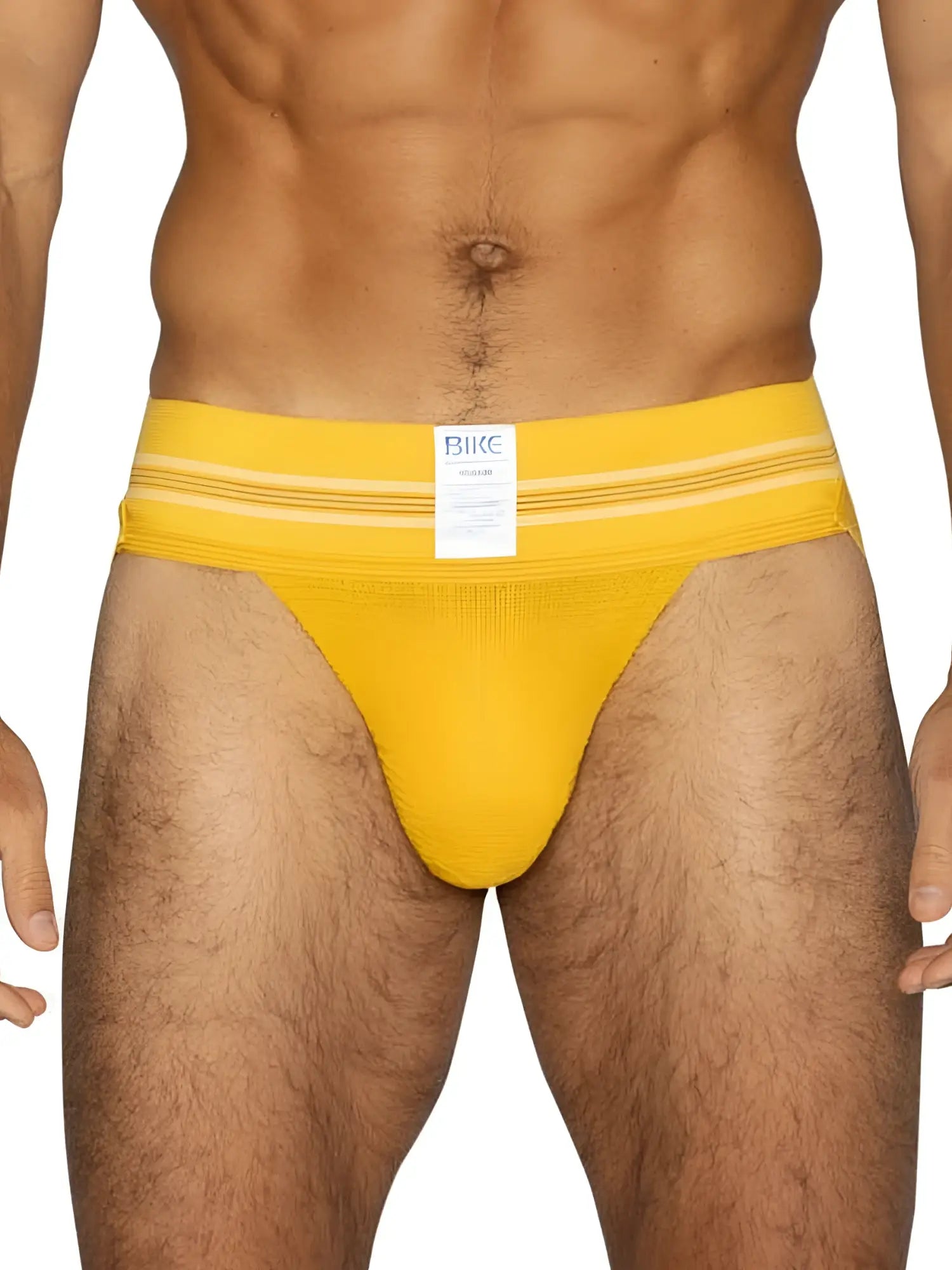 Bright yellow bike athletic briefs with white stripes and original number 10 label for sports use