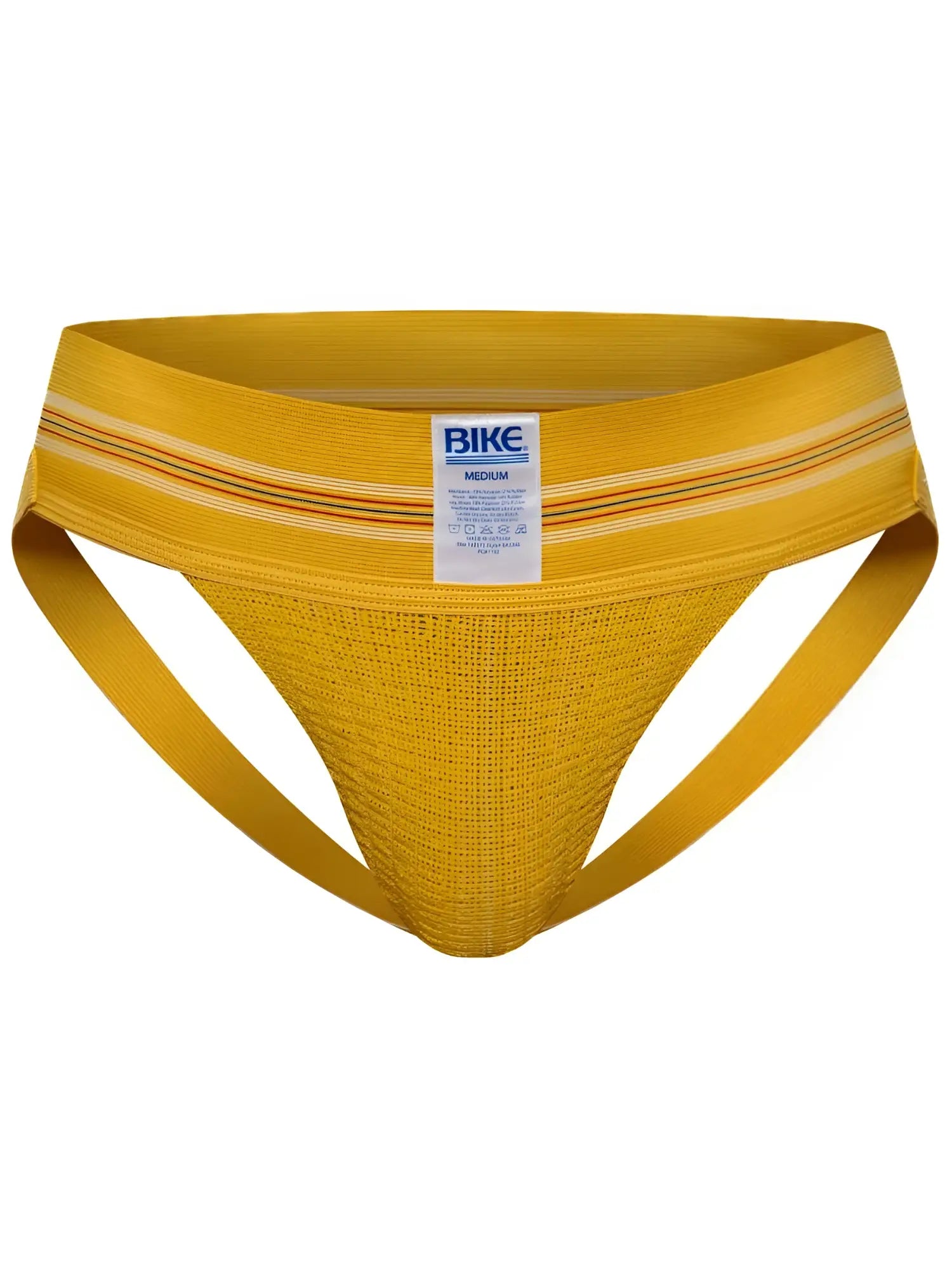 Yellow mesh athletic briefs with a ribbed waistband featuring thin orange and white stripes
