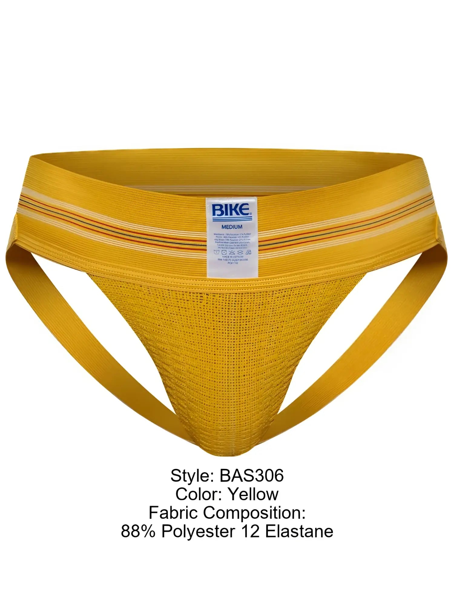 Yellow bike athletic BAS306 original number 10 jockstrap with textured mesh fabric and striped waistband