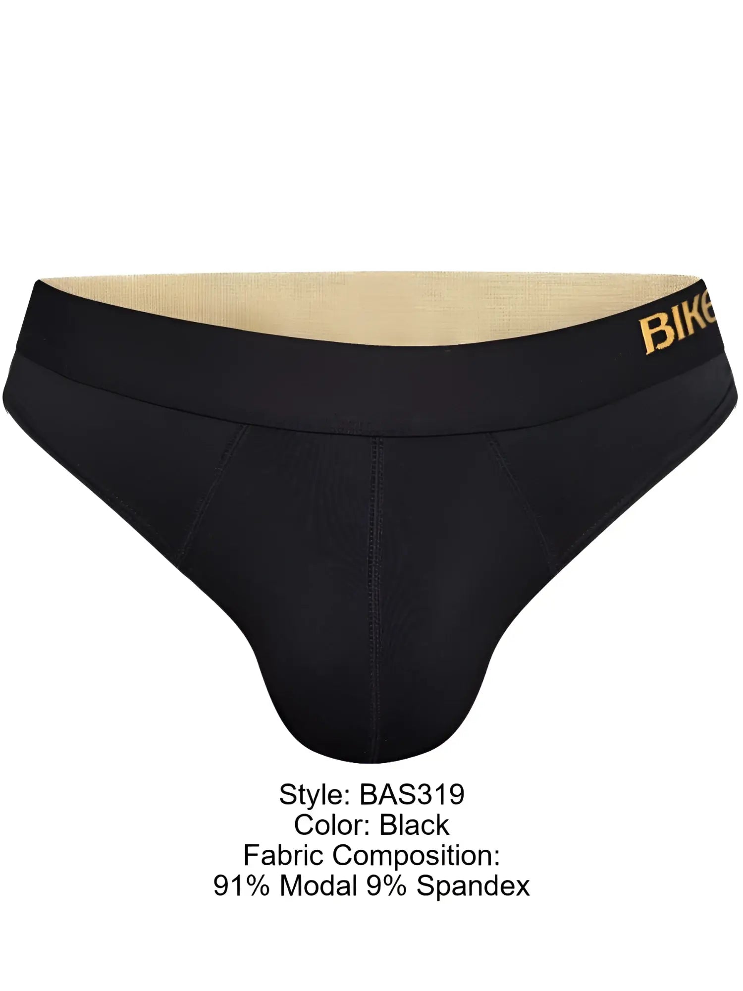 Black BIKE athletic BAS319 active thong briefs with gold logo on waistband made of 91% modal 9% spandex