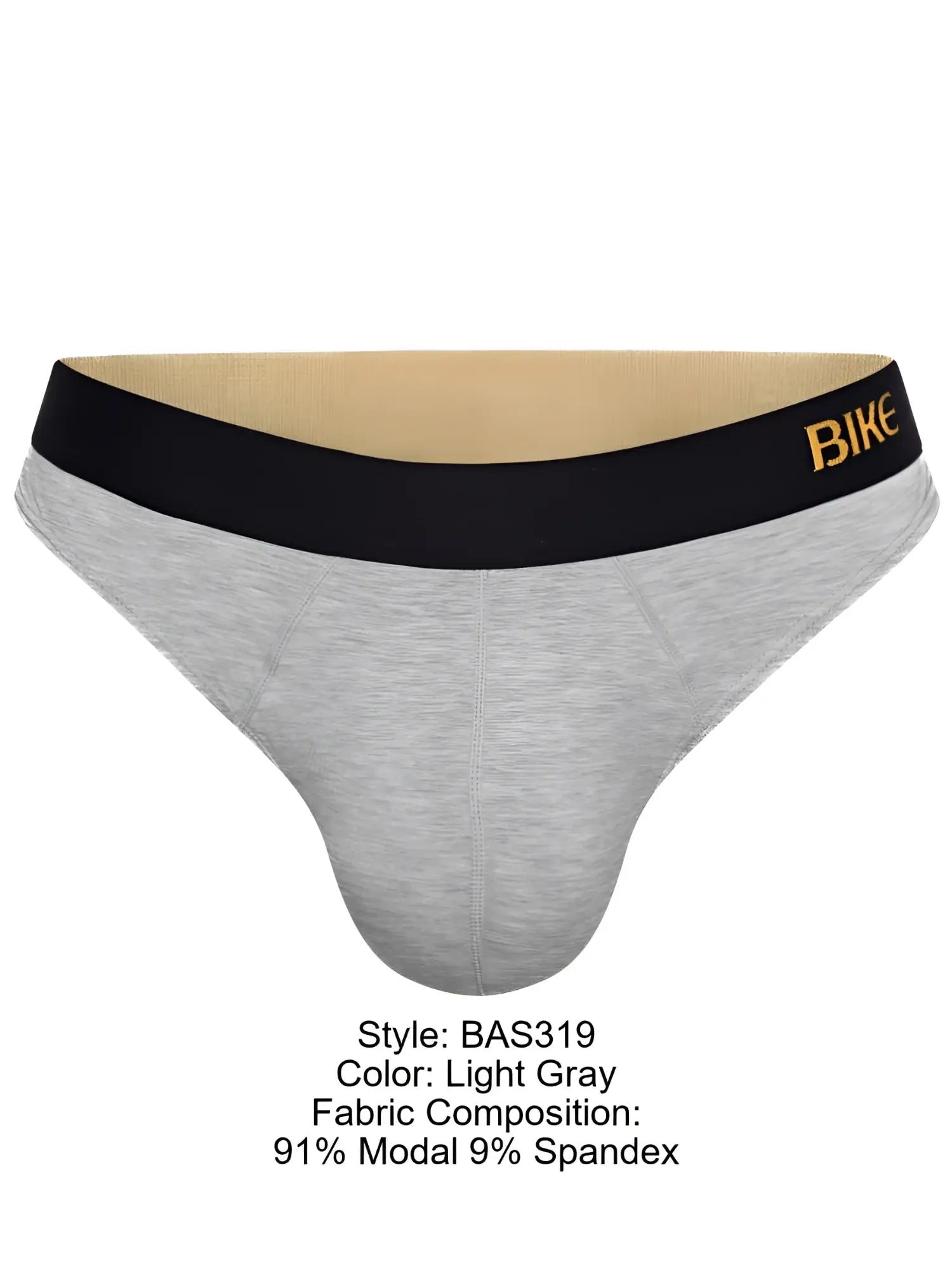 Light gray men’s briefs with black waistband featuring bike logo in gold lettering from bike athletic BAS319 active thong