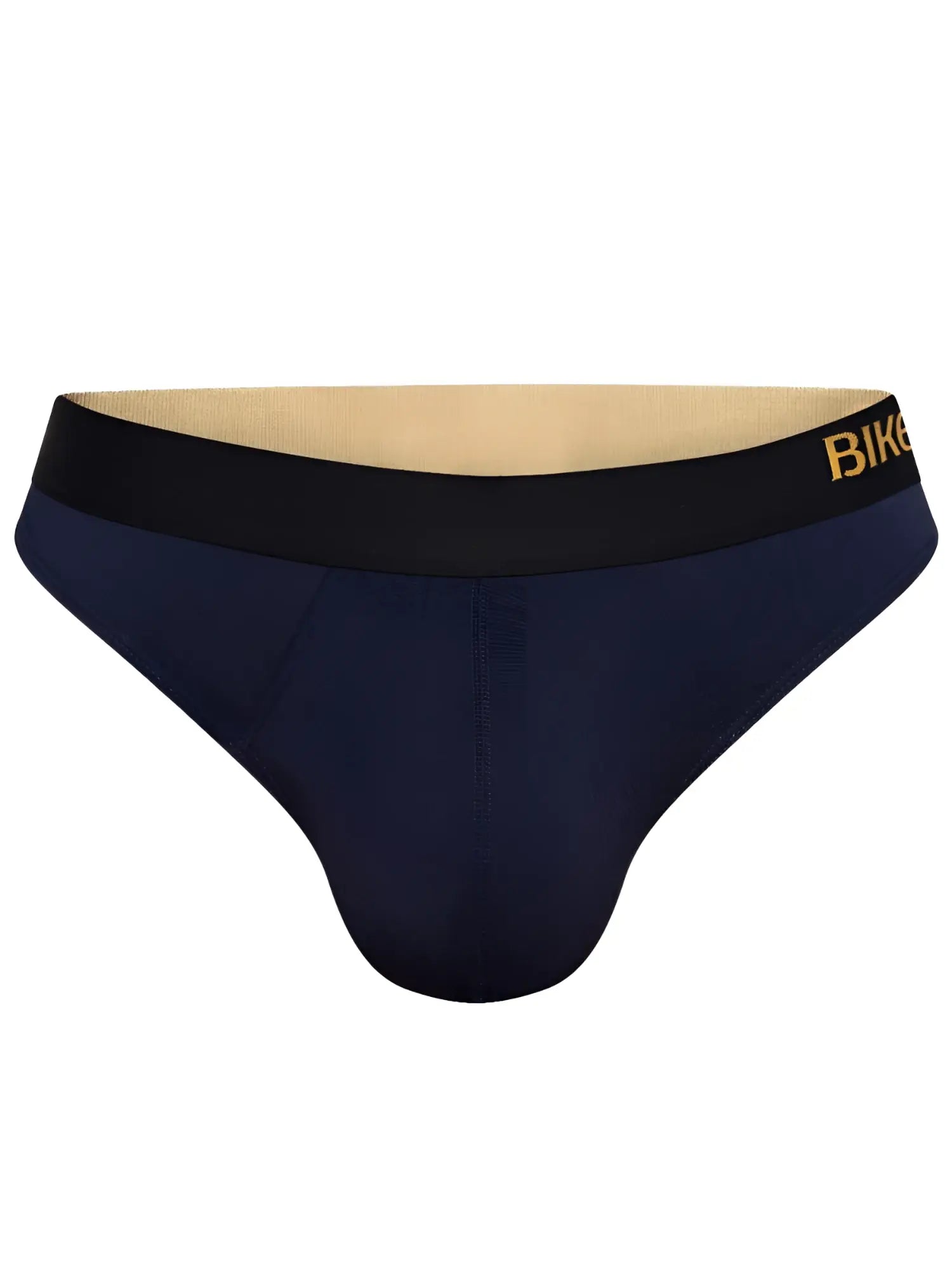 Navy blue bike athletic BAS319 active thong with black waistband and gold bike lettering, shown from the back side