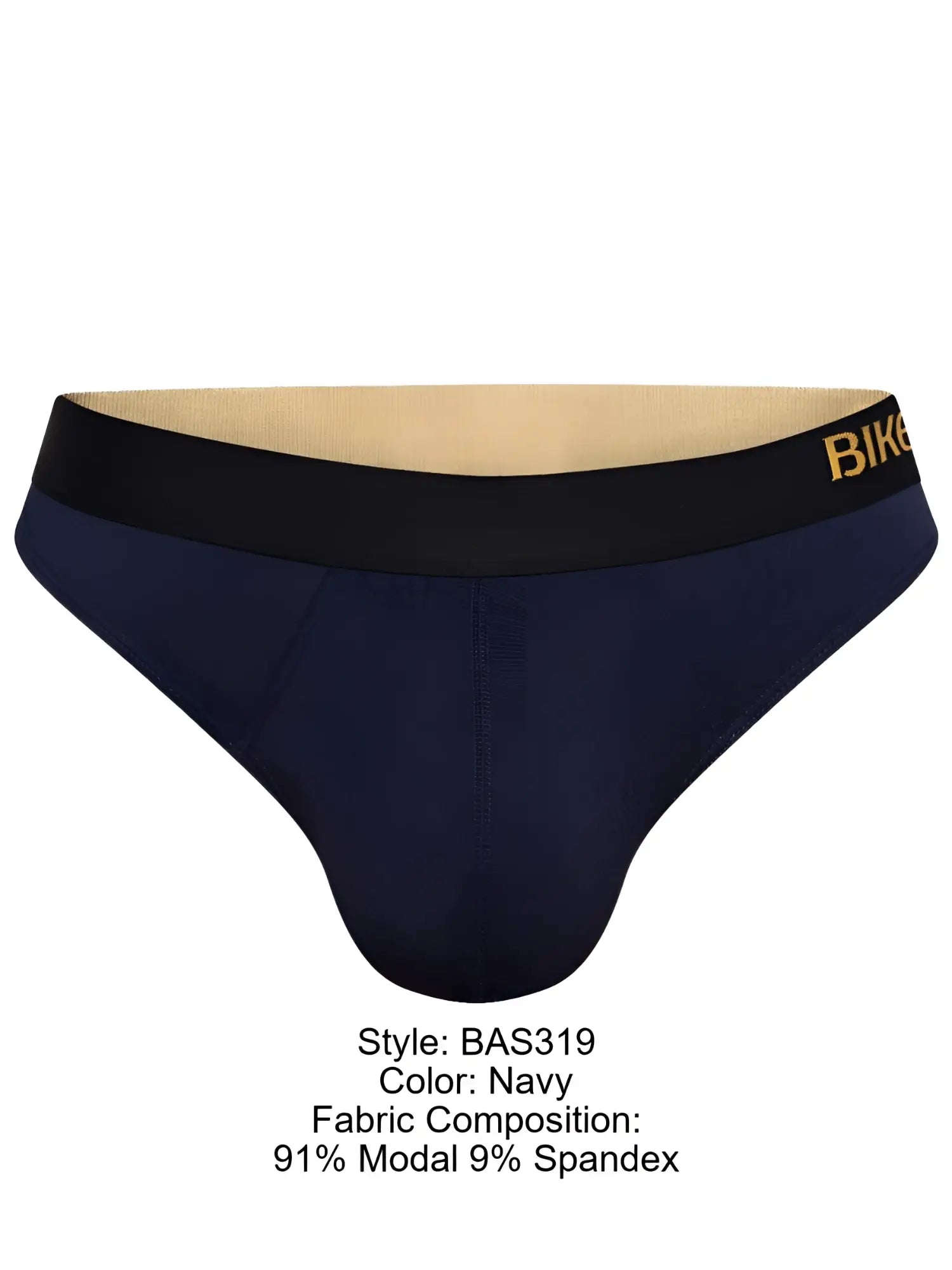 Navy blue men’s briefs with a black waistband featuring gold lettering from BIKE Athletic BAS319 Active Thong