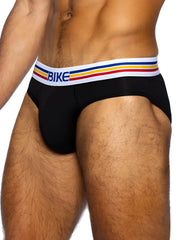 Black bike athletic bas327 stretch cotton briefs with white waistband and blue yellow red stripes in front view