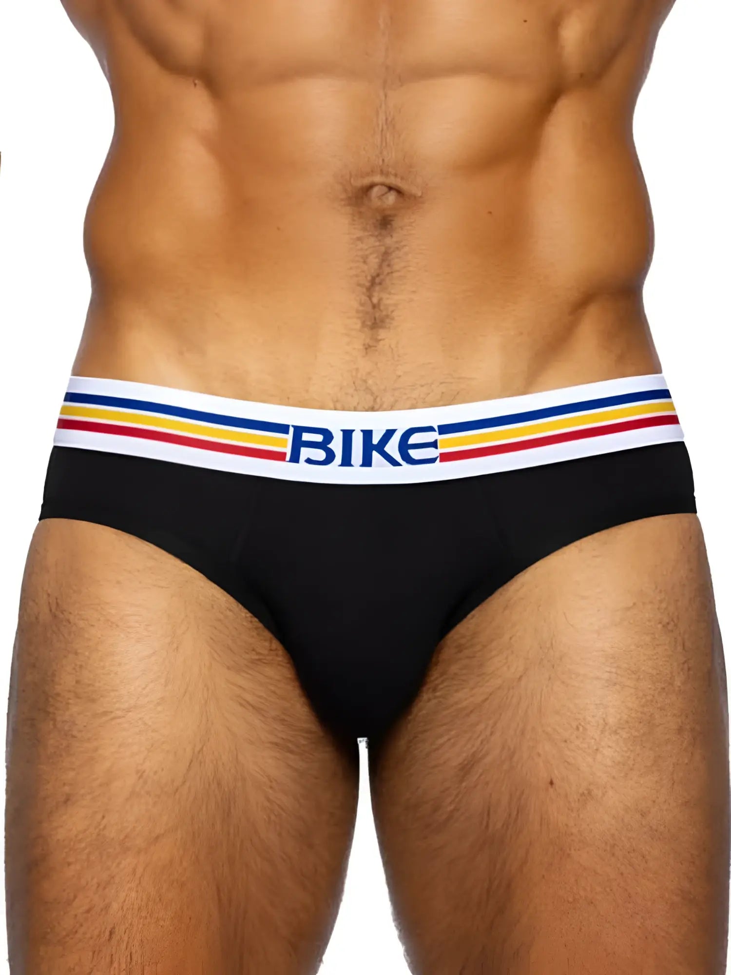 Black bike athletic bas327 stretch cotton brief with white waistband blue bike logo and red yellow stripes