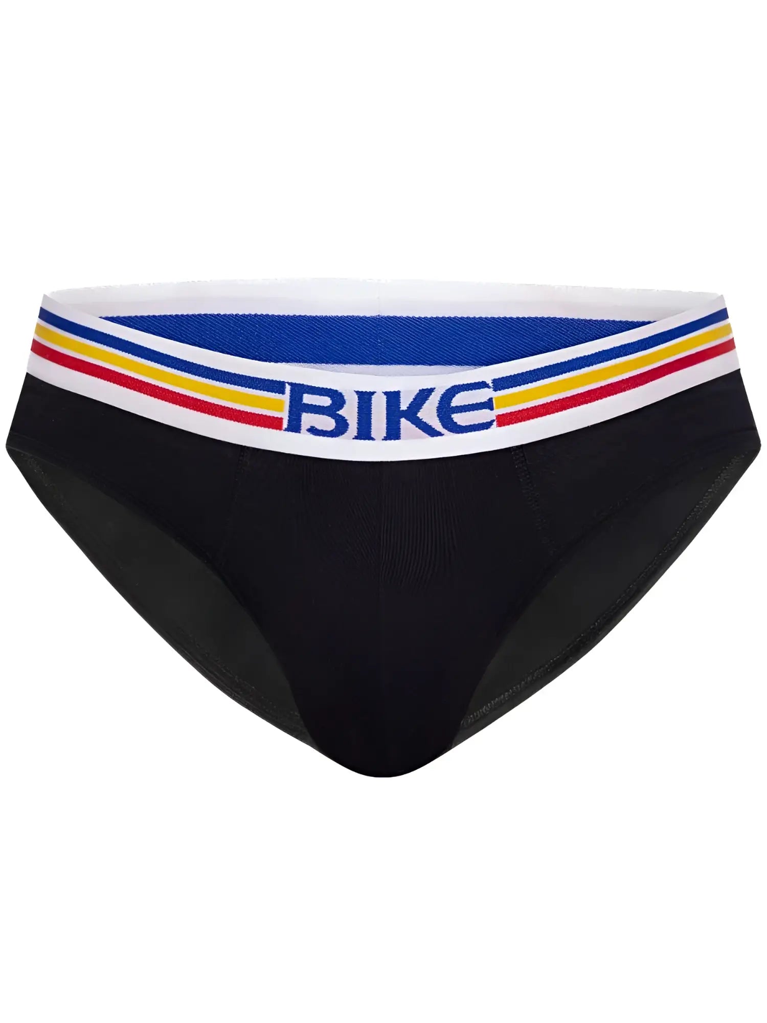 Black bike athletic bas327 stretch cotton briefs with white waistband and blue bike lettering with red and yellow stripes