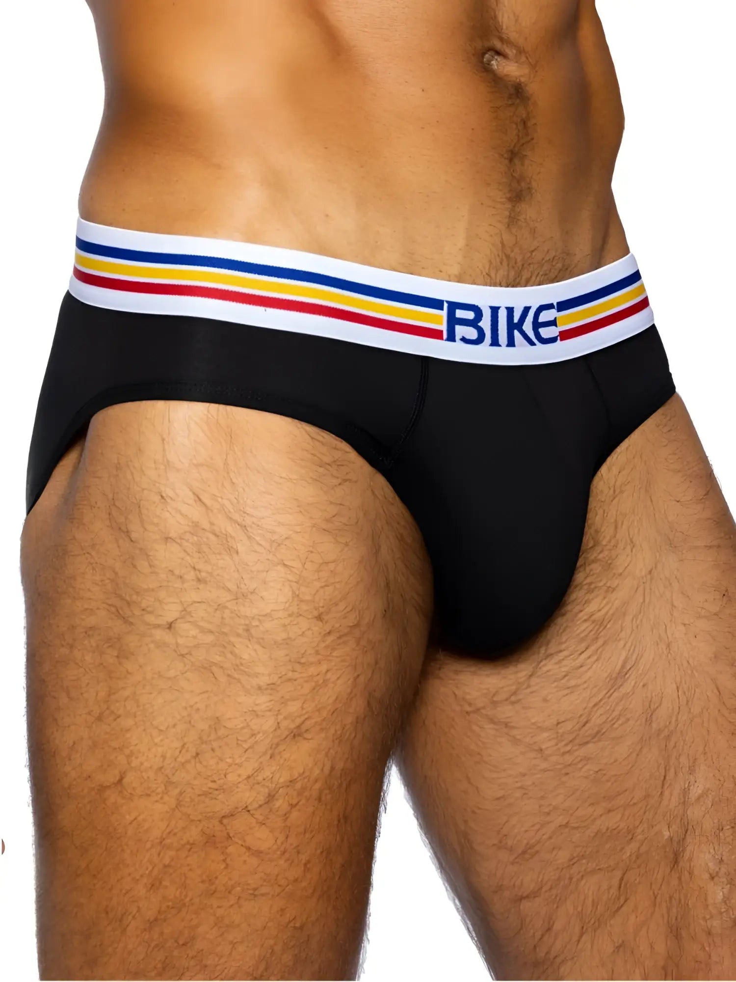 Black bike athletic stretch cotton briefs with white waistband and blue yellow red stripes for active wear