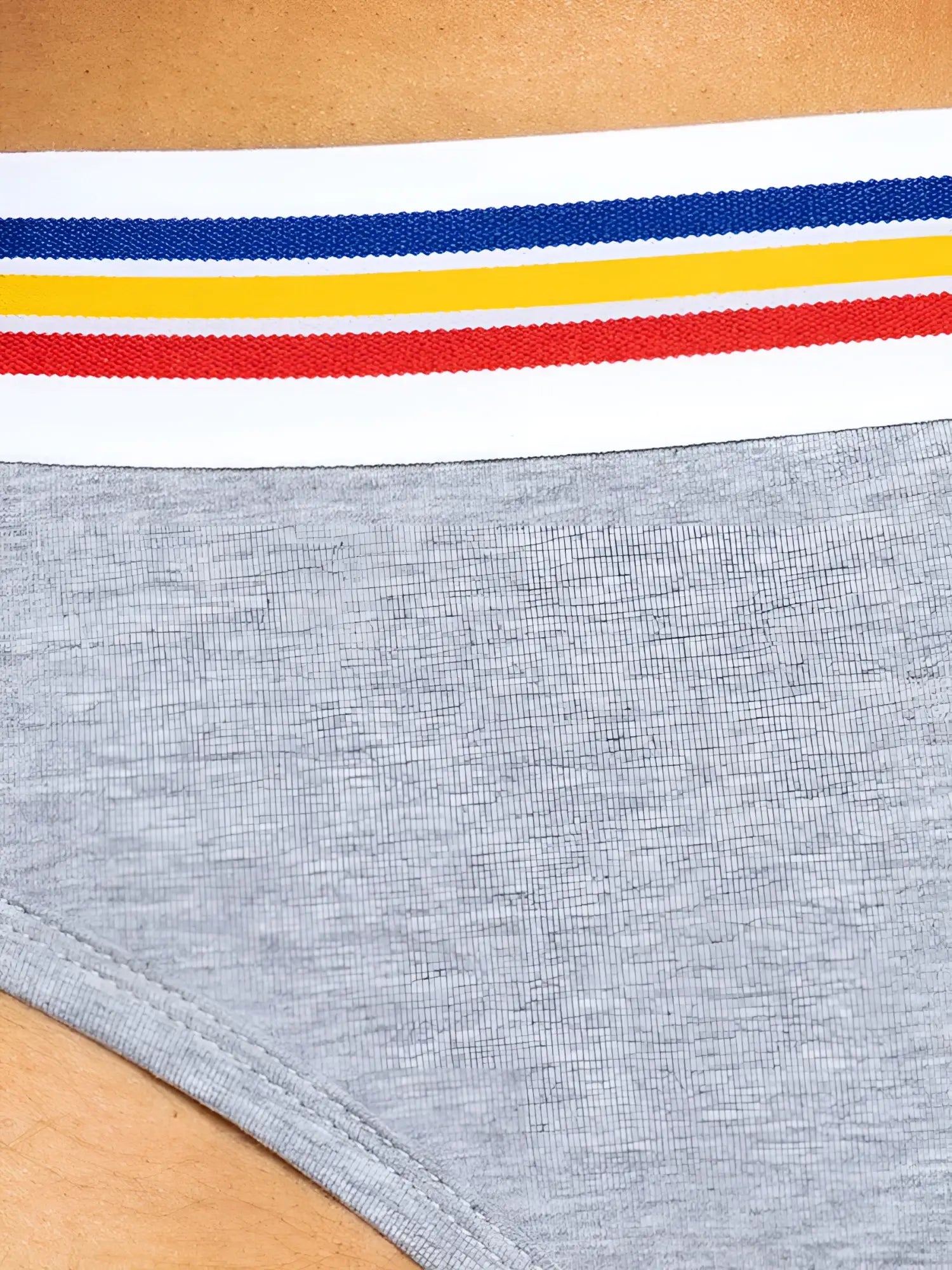 Gray heathered stretch cotton bike athletic brief with white elastic waistband featuring blue yellow and red stripes