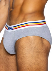 Gray heathered men’s BIKE athletic stretch cotton briefs with white waistband and colorful red yellow blue stripes