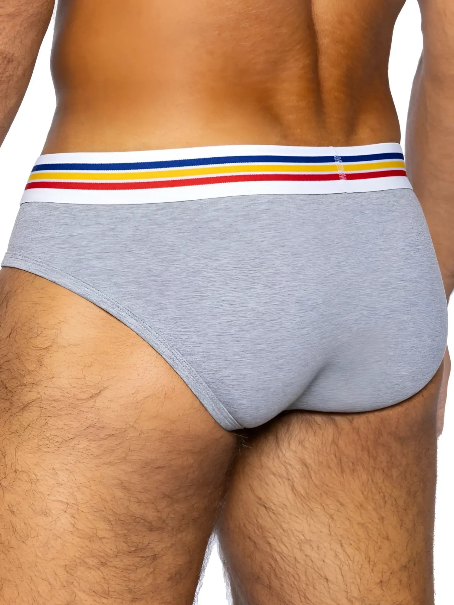 Gray heathered stretch cotton briefs with a white waistband featuring red yellow and blue stripes for athletic use