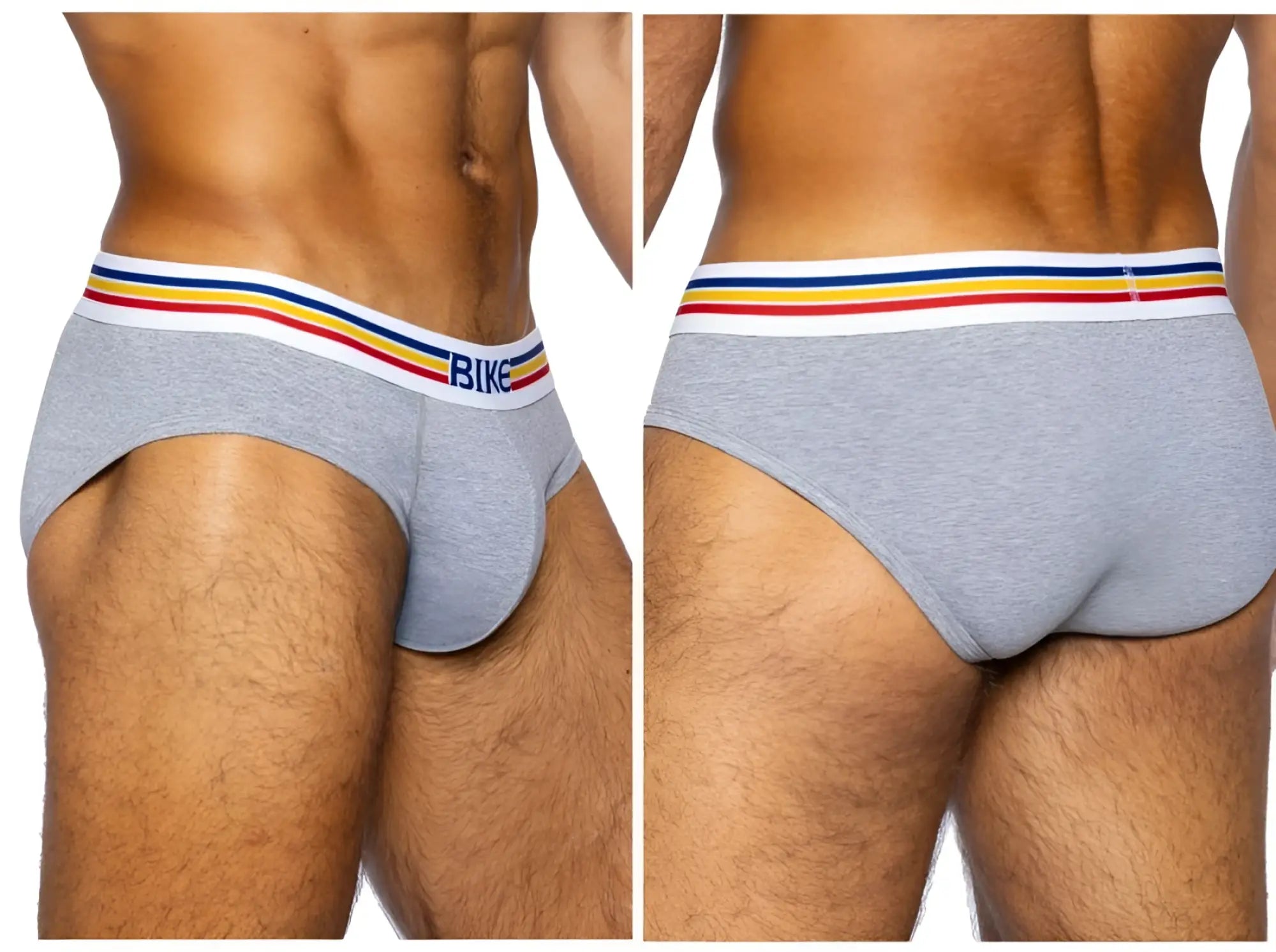 Gray heathered stretch cotton briefs with a white waistband featuring red yellow blue stripes and navy bike lettering
