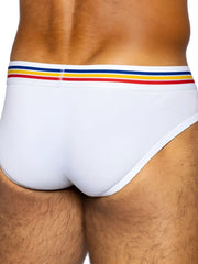 White bike athletic bas327 stretch cotton briefs with colorful red yellow and blue striped waistband front view