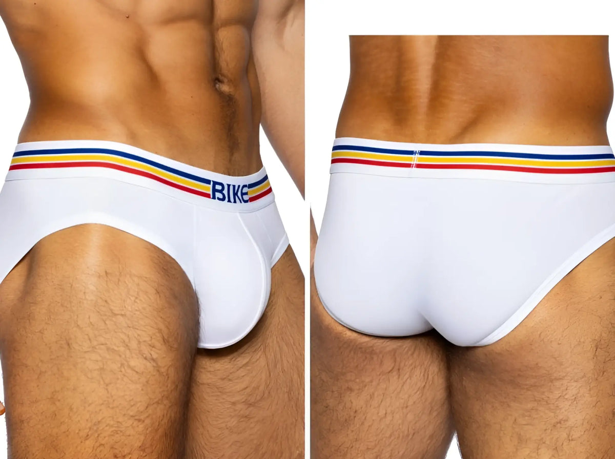 White bike athletic bas327 stretch cotton briefs with colorful striped waistband and blue bike lettering