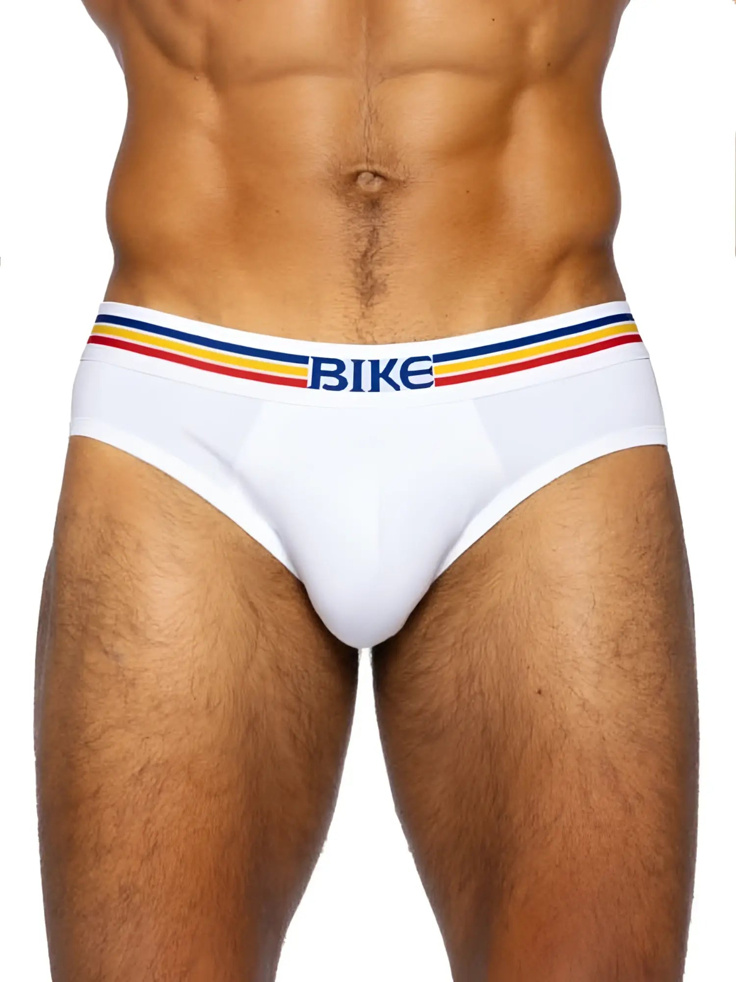 White bike athletic bas327 stretch cotton brief with colorful striped waistband and blue bike lettering