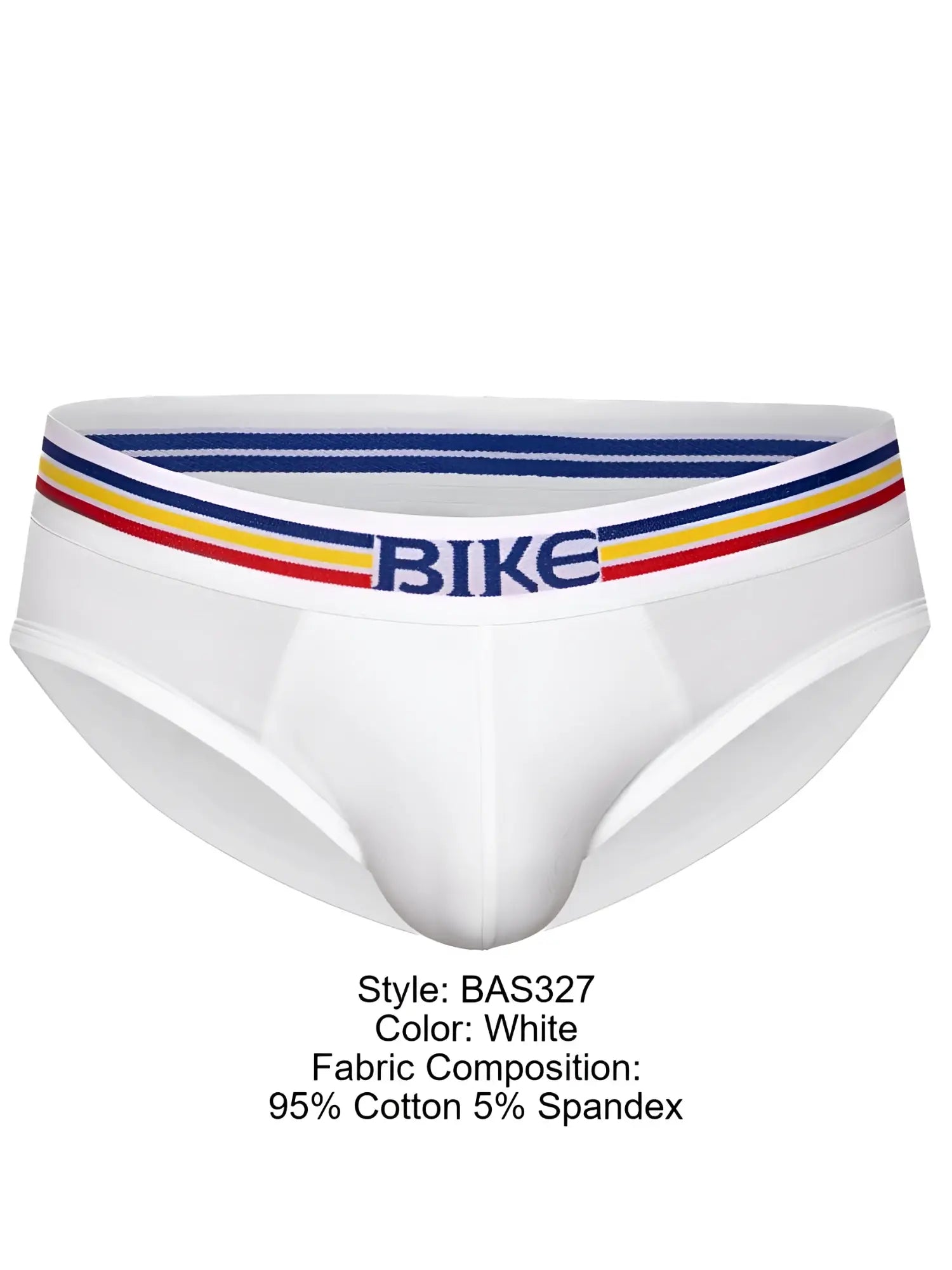 White bike athletic bas327 men’s stretch cotton briefs with striped blue yellow red waistband and bike logo
