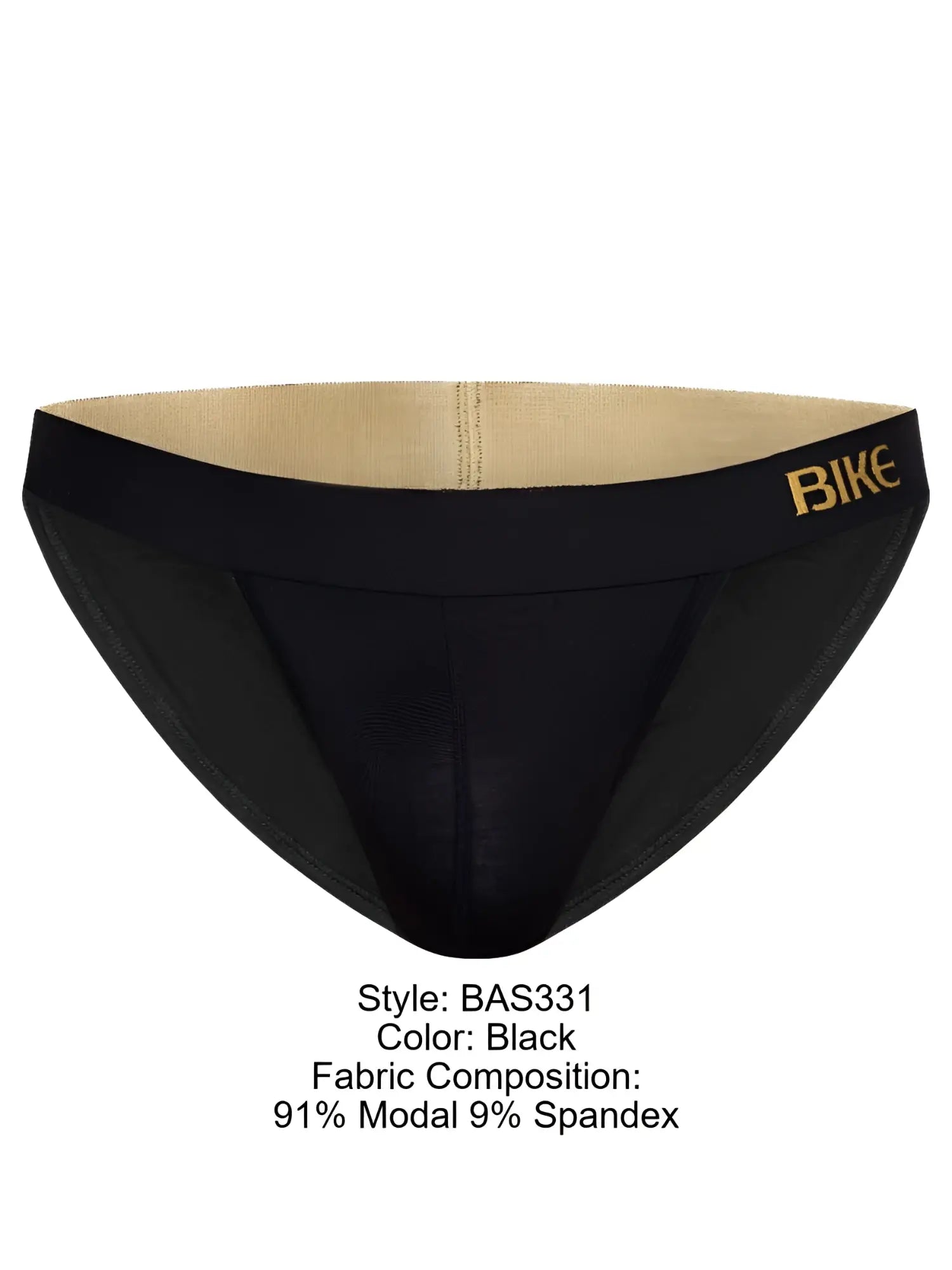 Black bike athletic BAS331 active jock briefs with gold logo waistband and beige lining for performance use