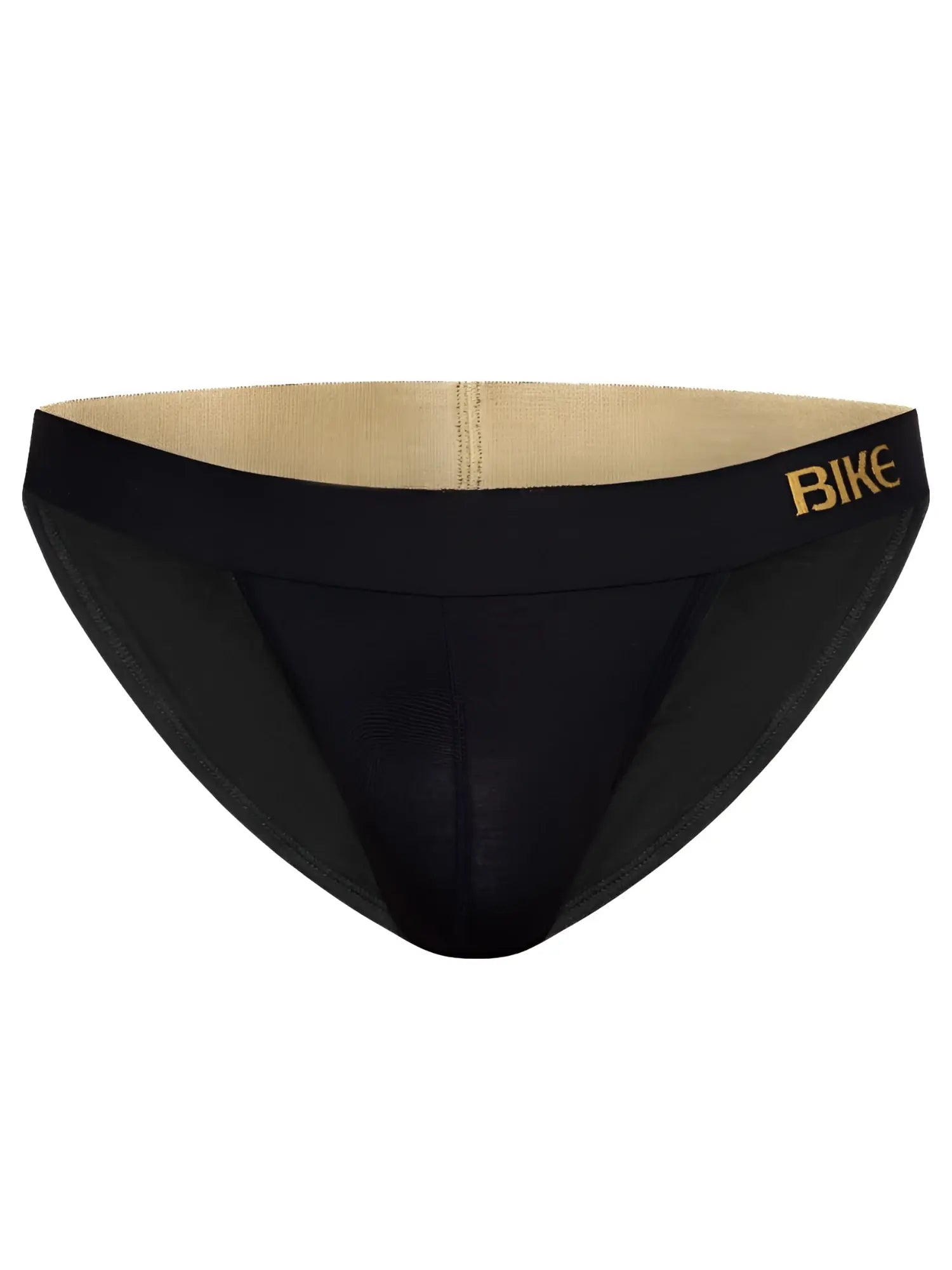 Black bike athletic bas331 active jock brief with gold logo waistband and beige interior lining for support
