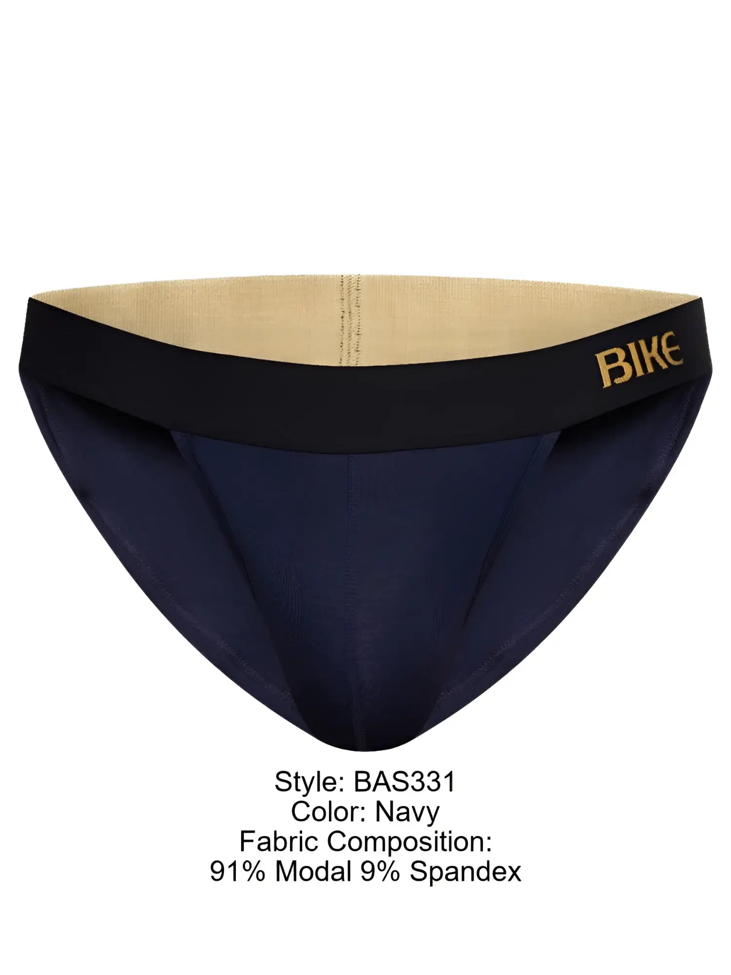 Navy blue bike athletic bas331 active jock briefs with black waistband gold bike branding and beige interior lining