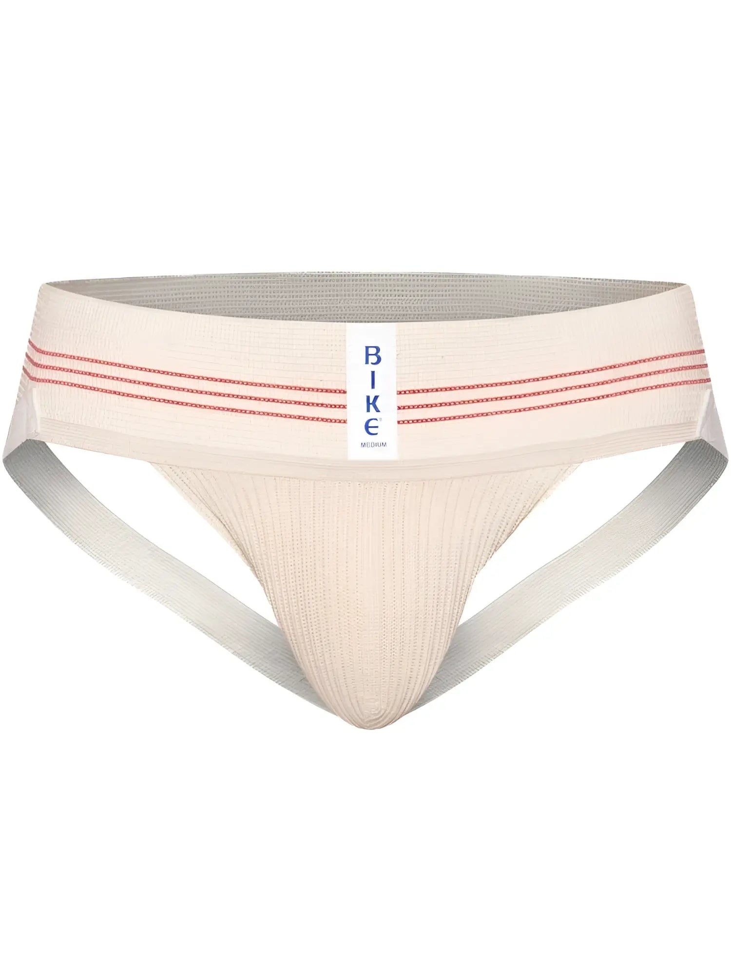 Beige bike athletic briefs with red striped detailing and ribbed texture classic retro 1980s vintage cream color