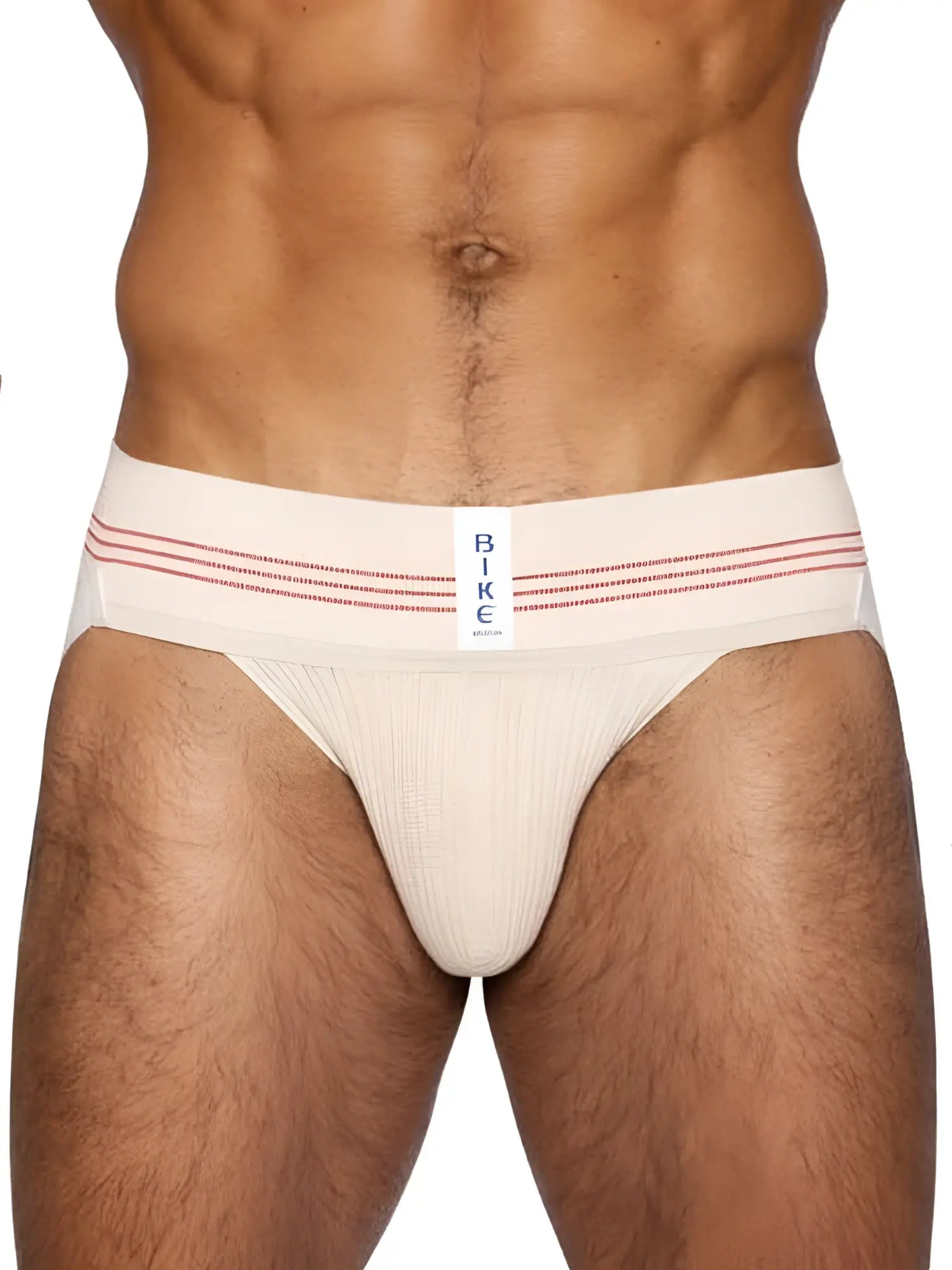 Cream-colored athletic briefs with red stripes and a white label featuring bike in blue from bike athletic