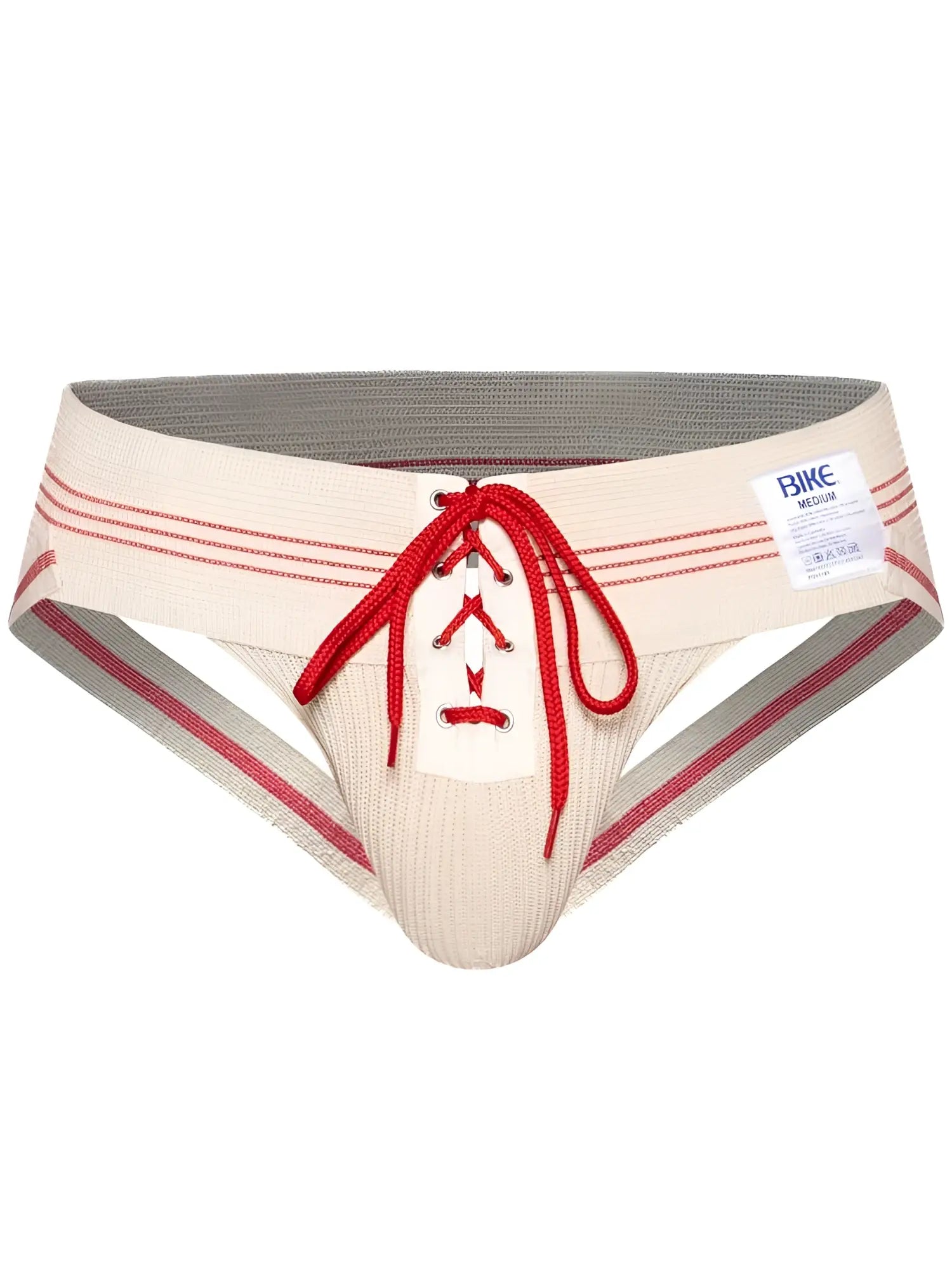Beige bike briefs with red laces striped detailing ribbed texture and branded label vintage cream color vintage lace-up