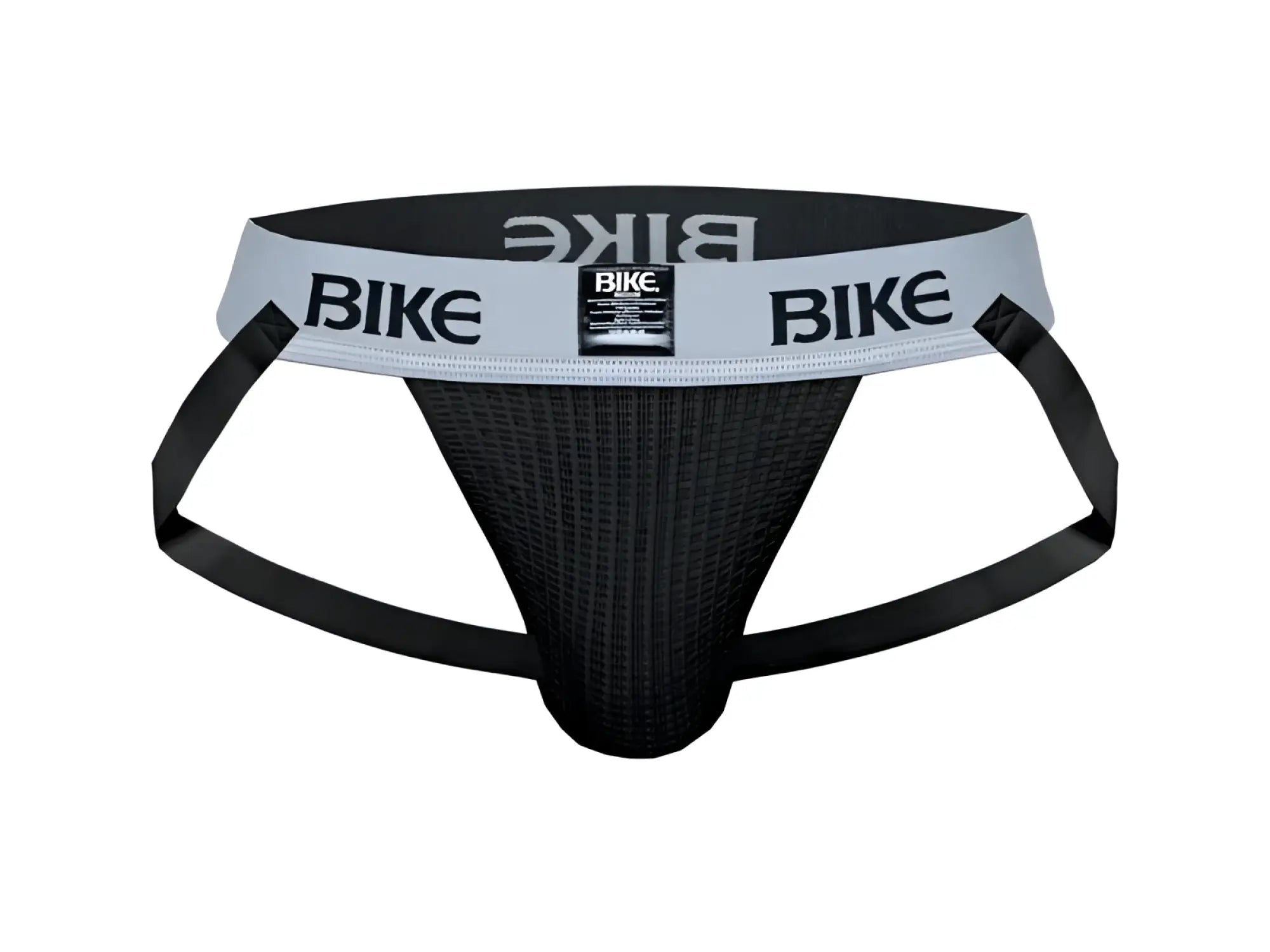 Black bike classic jockstrap briefs with gray waistband featuring bold black bike lettering and textured fabric