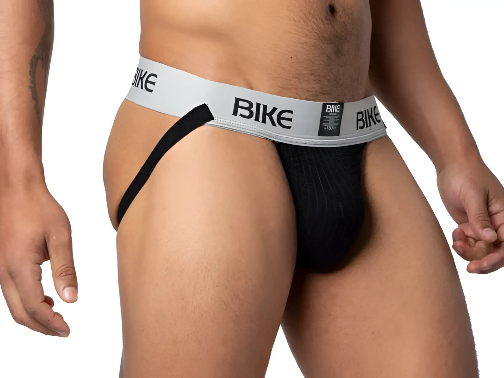 Black bike brand briefs with gray waistband and bold black lettering in bike classic jockstrap design